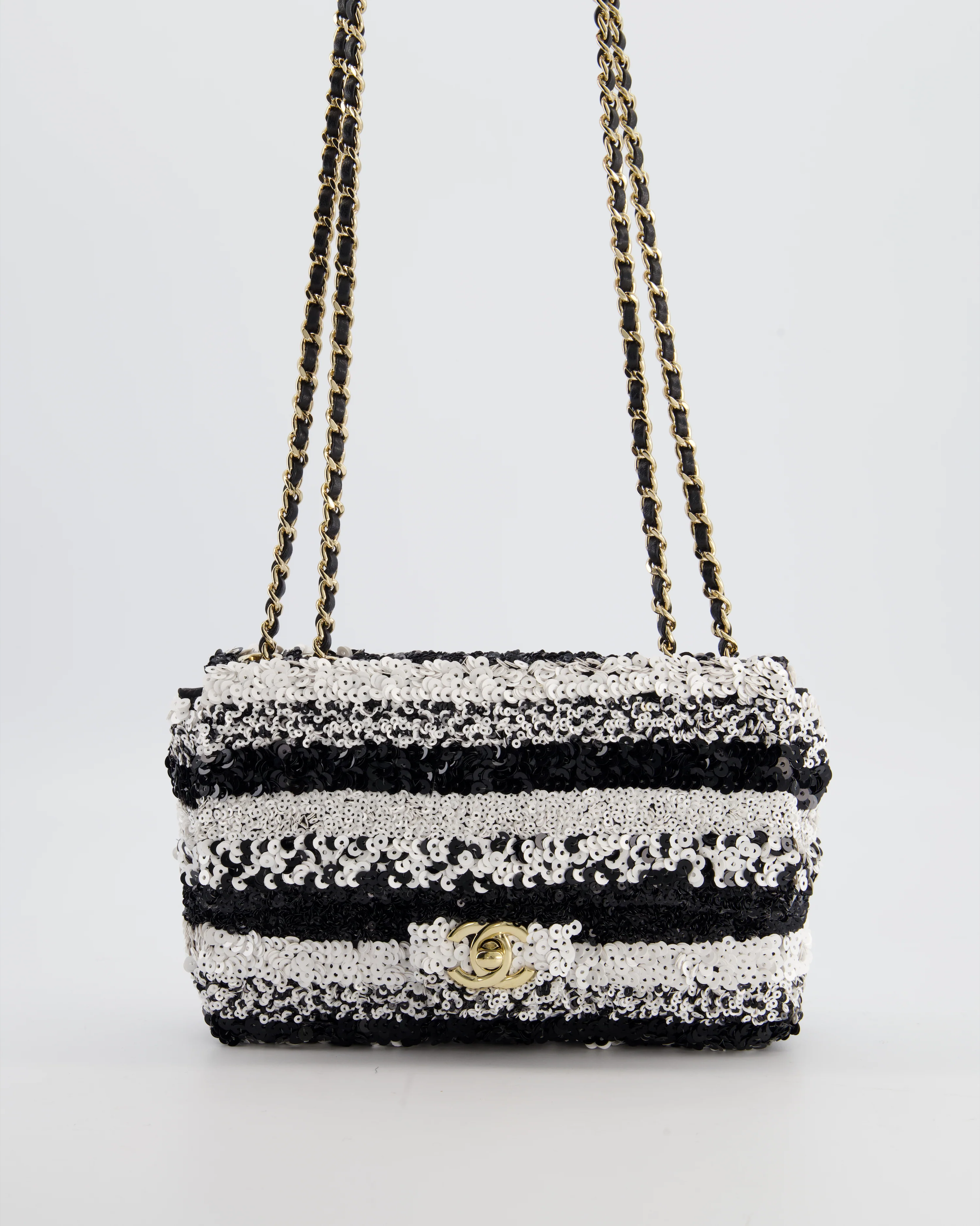 *HOT* Chanel Black and White Stripe Sequin Coco Mark Single Flap Bag with Champagne Gold Hardware - Image 2