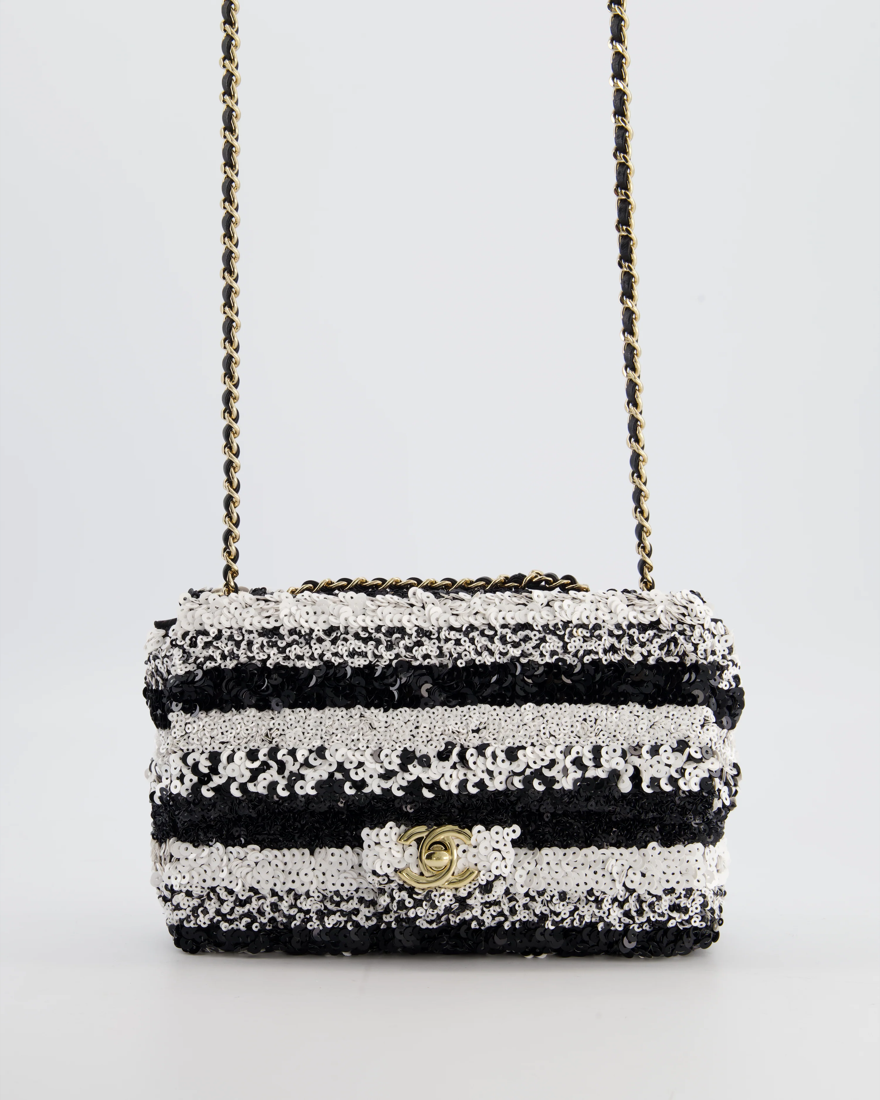 *HOT* Chanel Black and White Stripe Sequin Coco Mark Single Flap Bag with Champagne Gold Hardware - Image 3