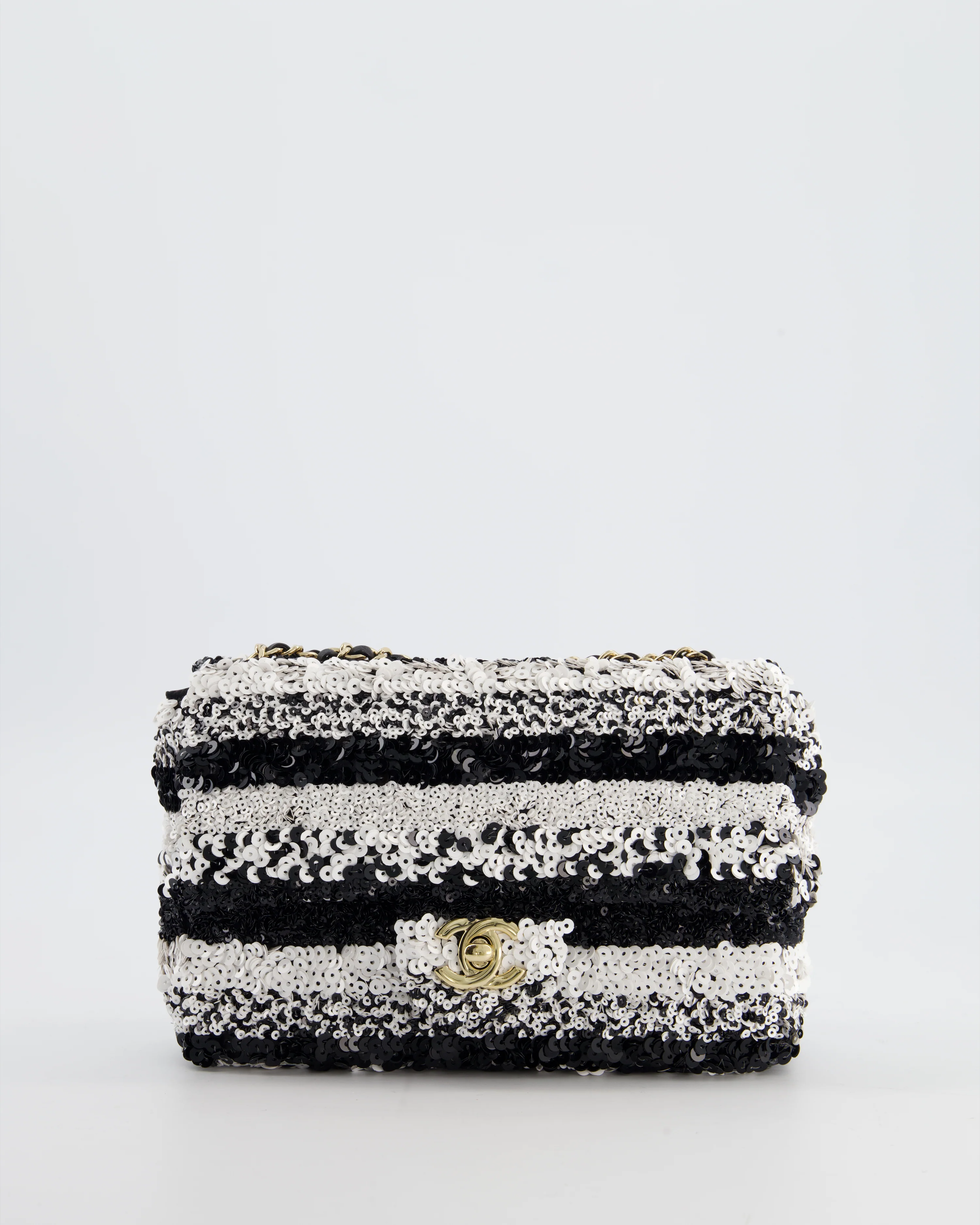 *HOT* Chanel Black and White Stripe Sequin Coco Mark Single Flap Bag with Champagne Gold Hardware - Image 4