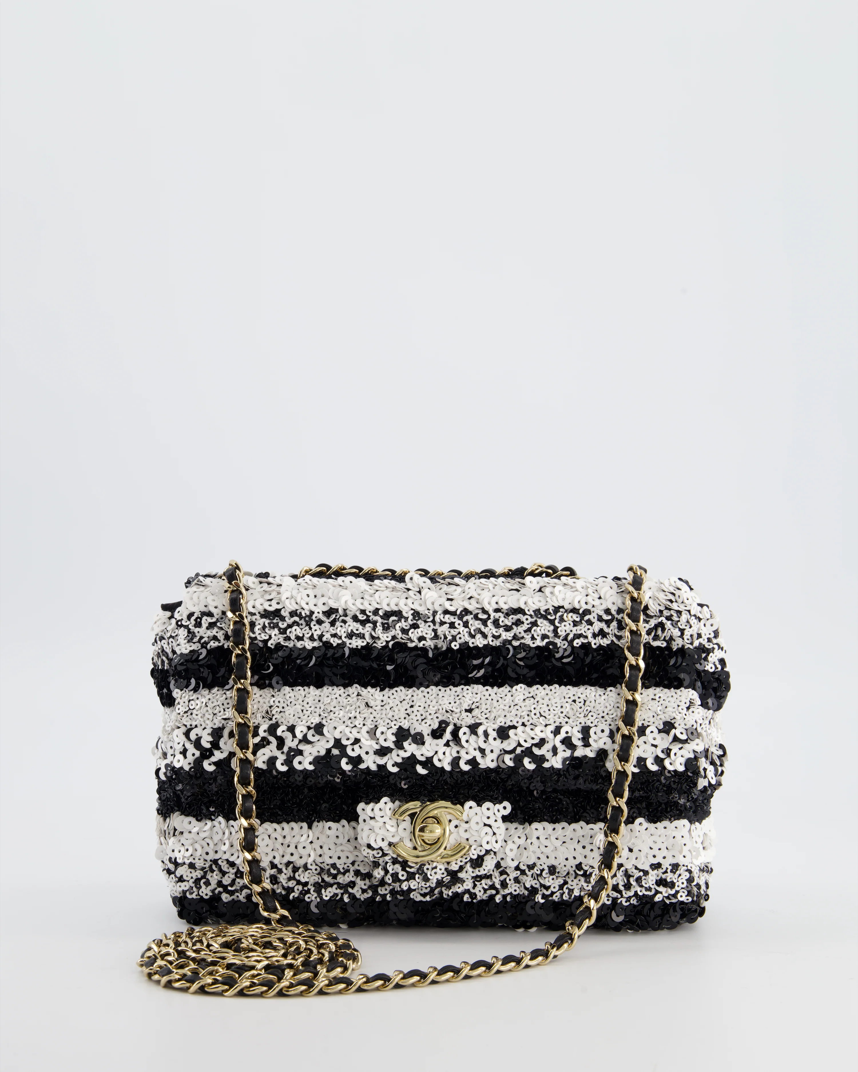 *HOT* Chanel Black and White Stripe Sequin Coco Mark Single Flap Bag with Champagne Gold Hardware - Image 5