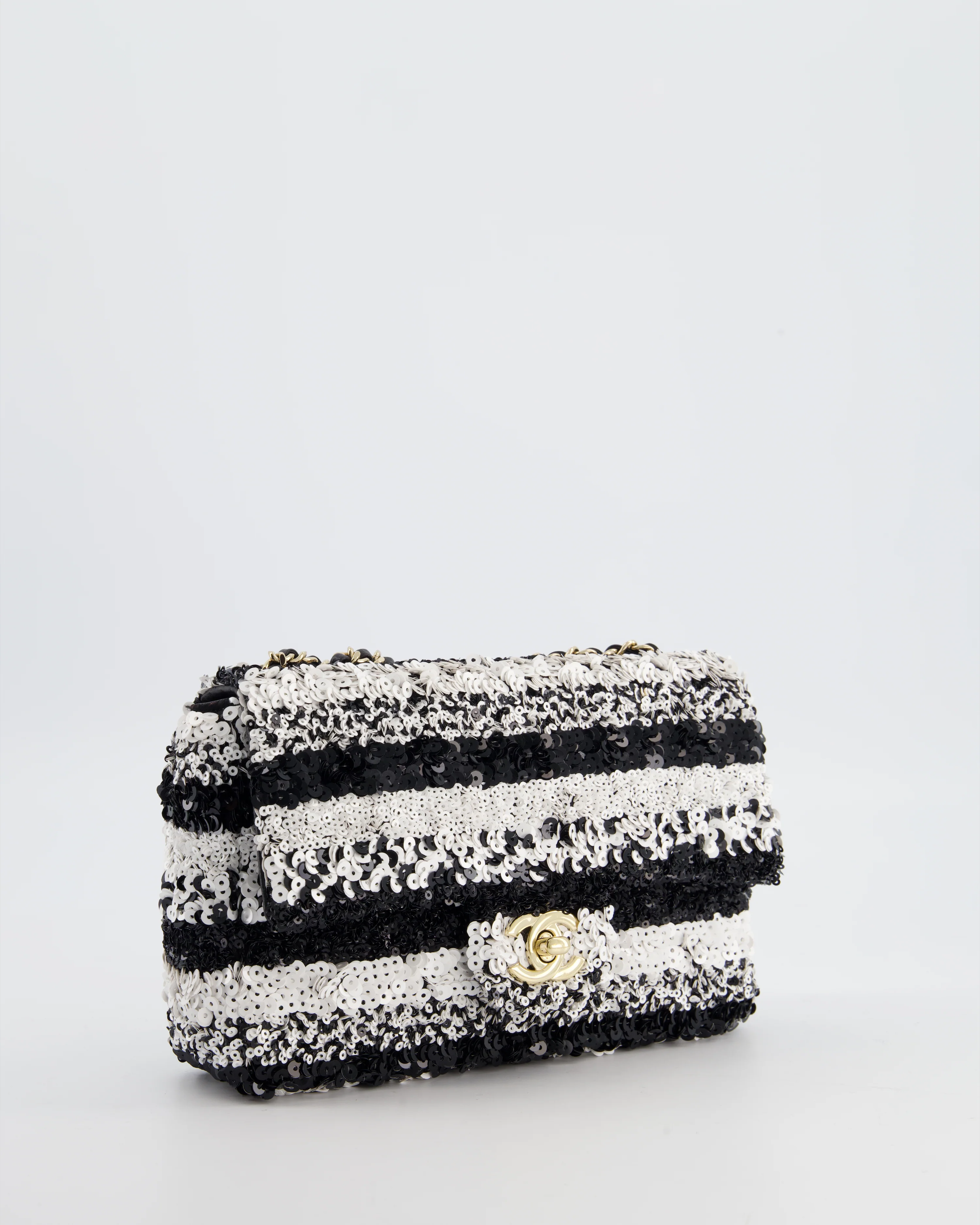 *HOT* Chanel Black and White Stripe Sequin Coco Mark Single Flap Bag with Champagne Gold Hardware - Image 6