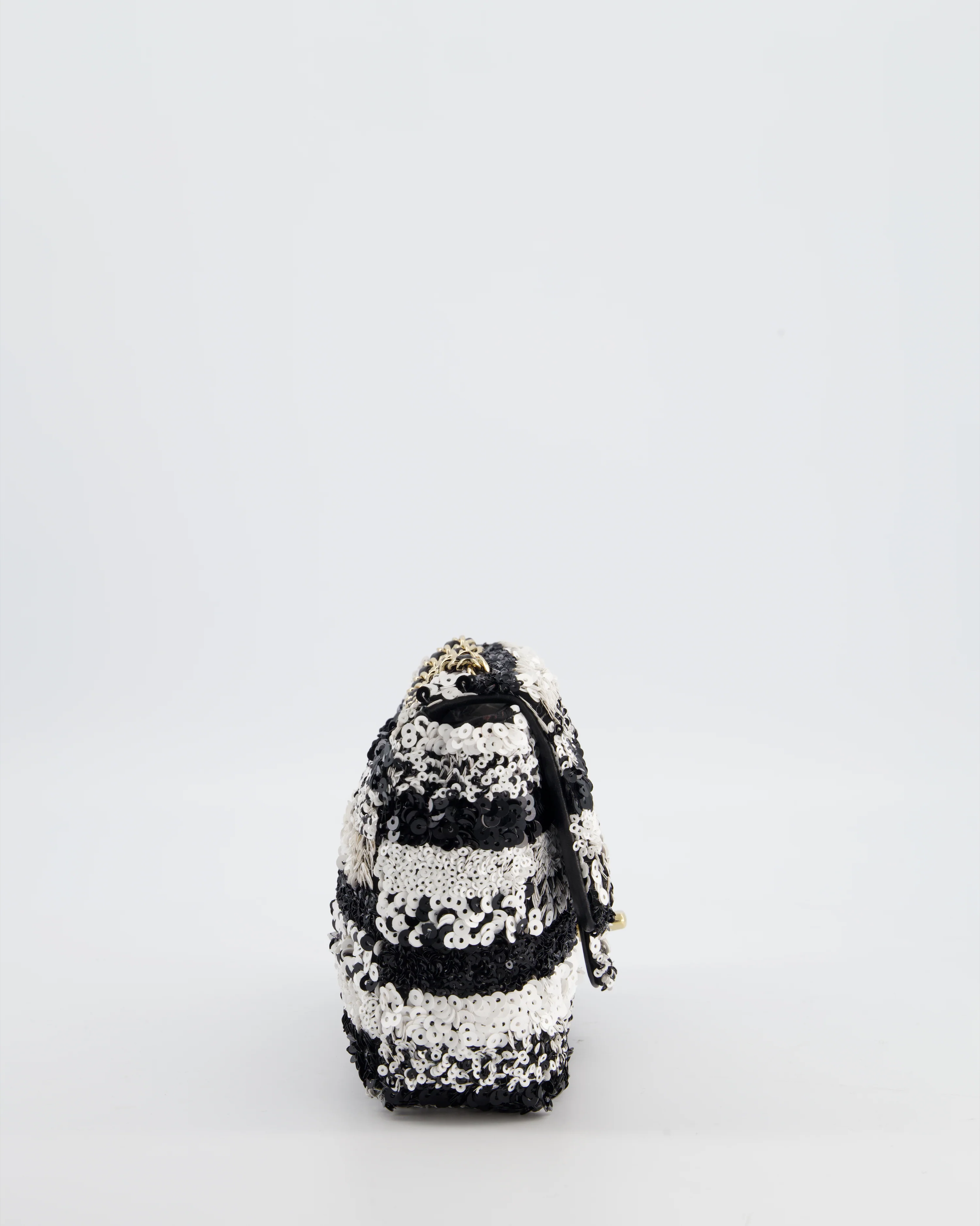 *HOT* Chanel Black and White Stripe Sequin Coco Mark Single Flap Bag with Champagne Gold Hardware - Image 7