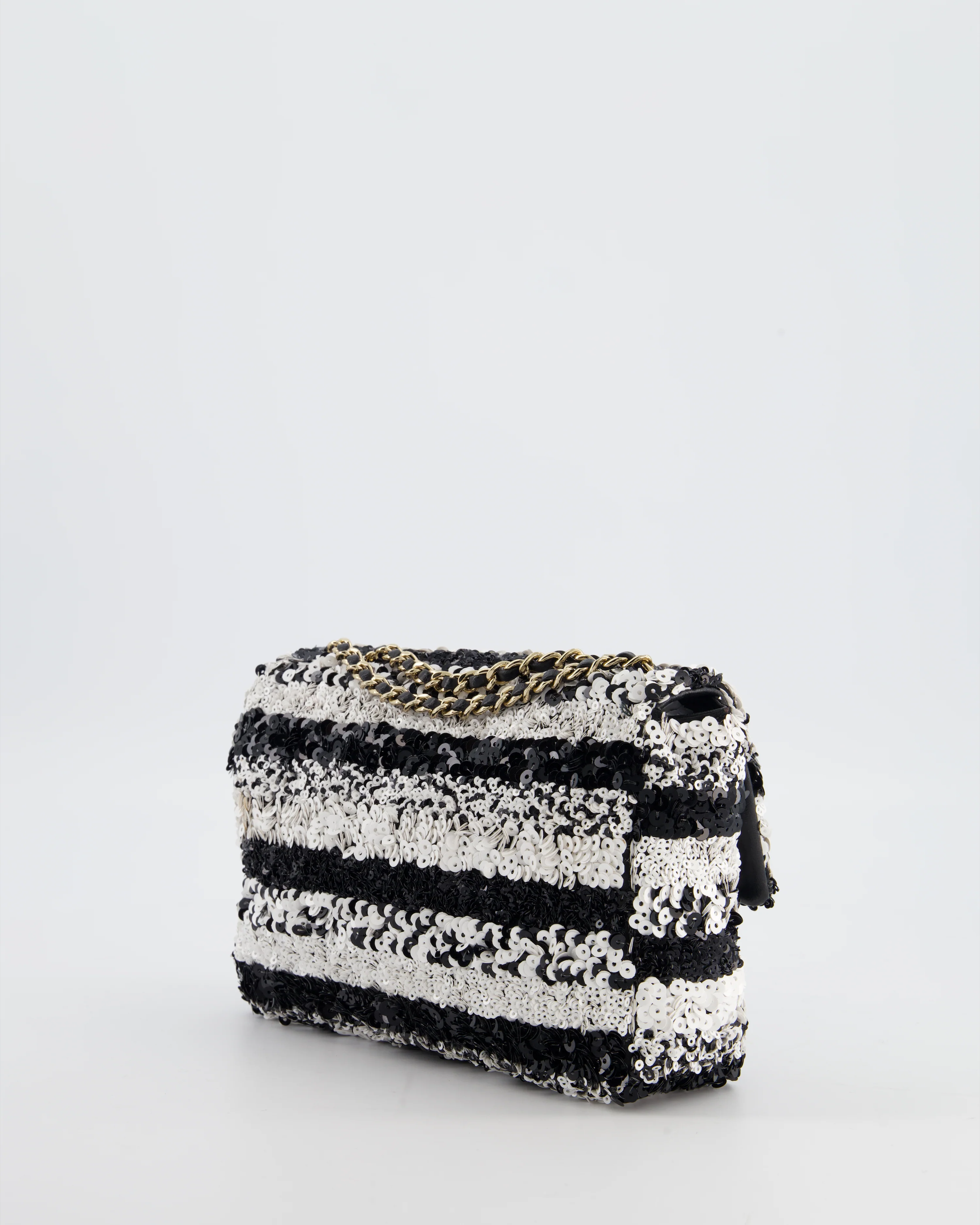 *HOT* Chanel Black and White Stripe Sequin Coco Mark Single Flap Bag with Champagne Gold Hardware - Image 8