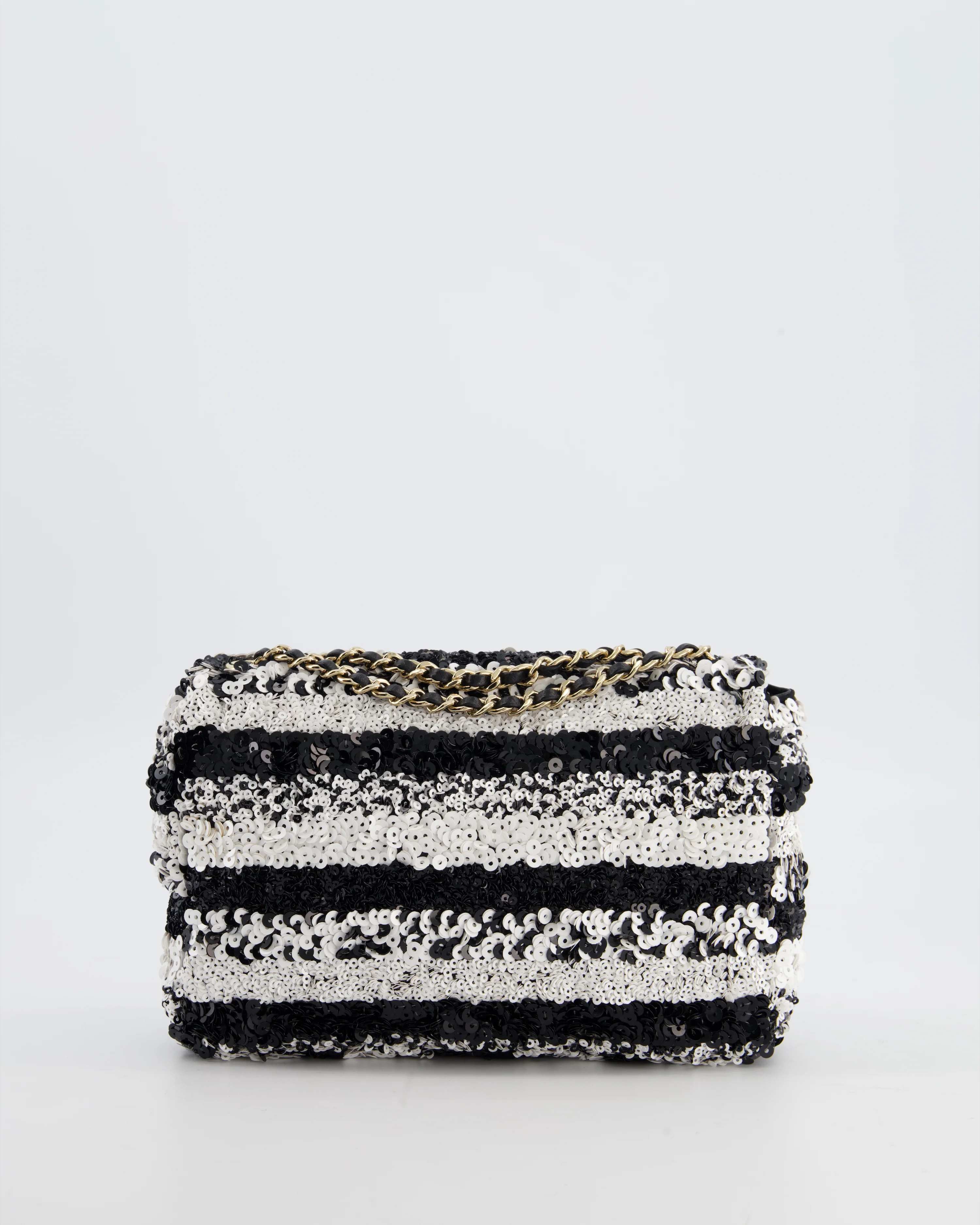 *HOT* Chanel Black and White Stripe Sequin Coco Mark Single Flap Bag with Champagne Gold Hardware - Image 9