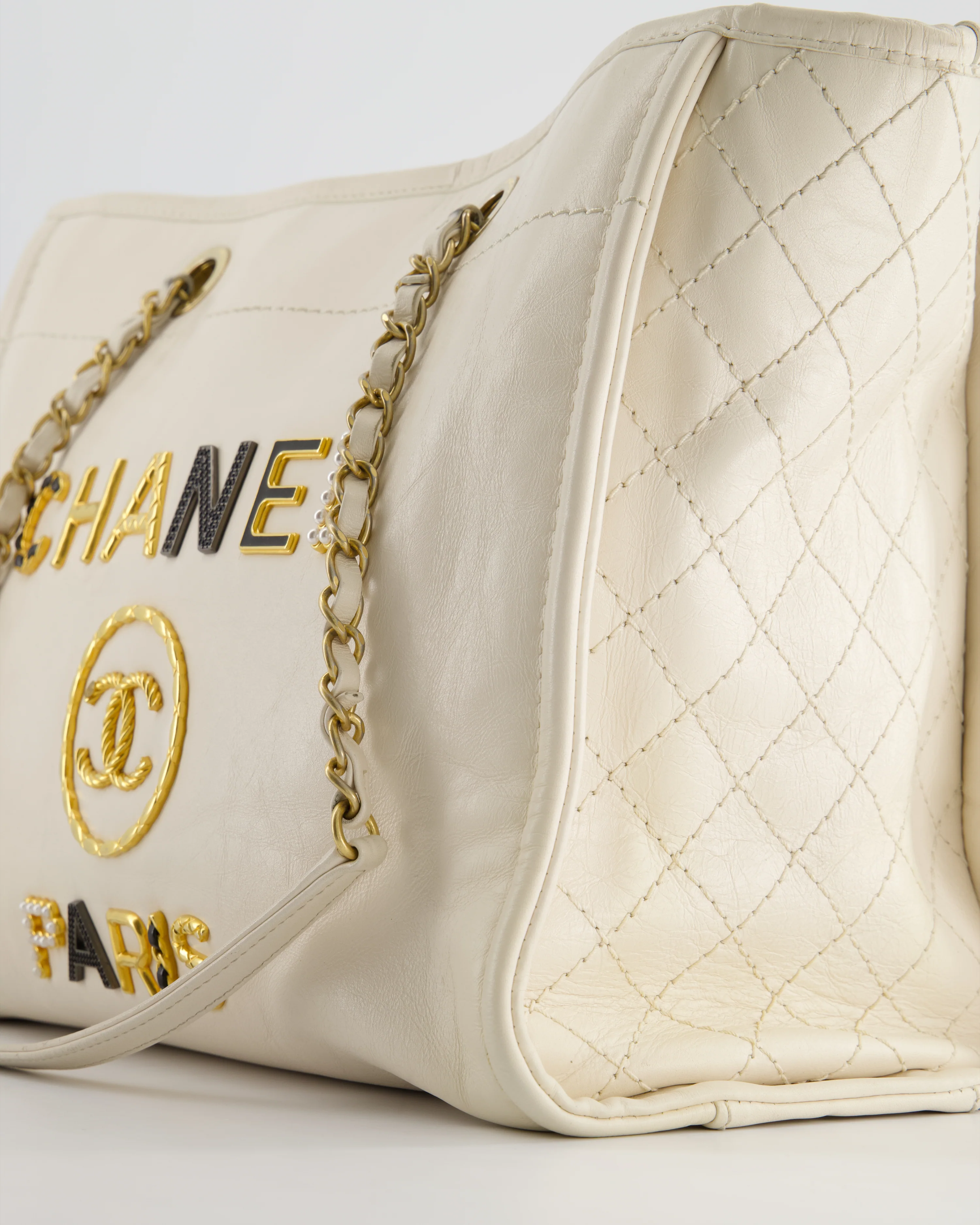 *HOT* Chanel White Small Deauville Tote Bag in Aged Calfskin Leather with Antique Gold Hardware and Pearl, Crystal Logo Detail - Image 13