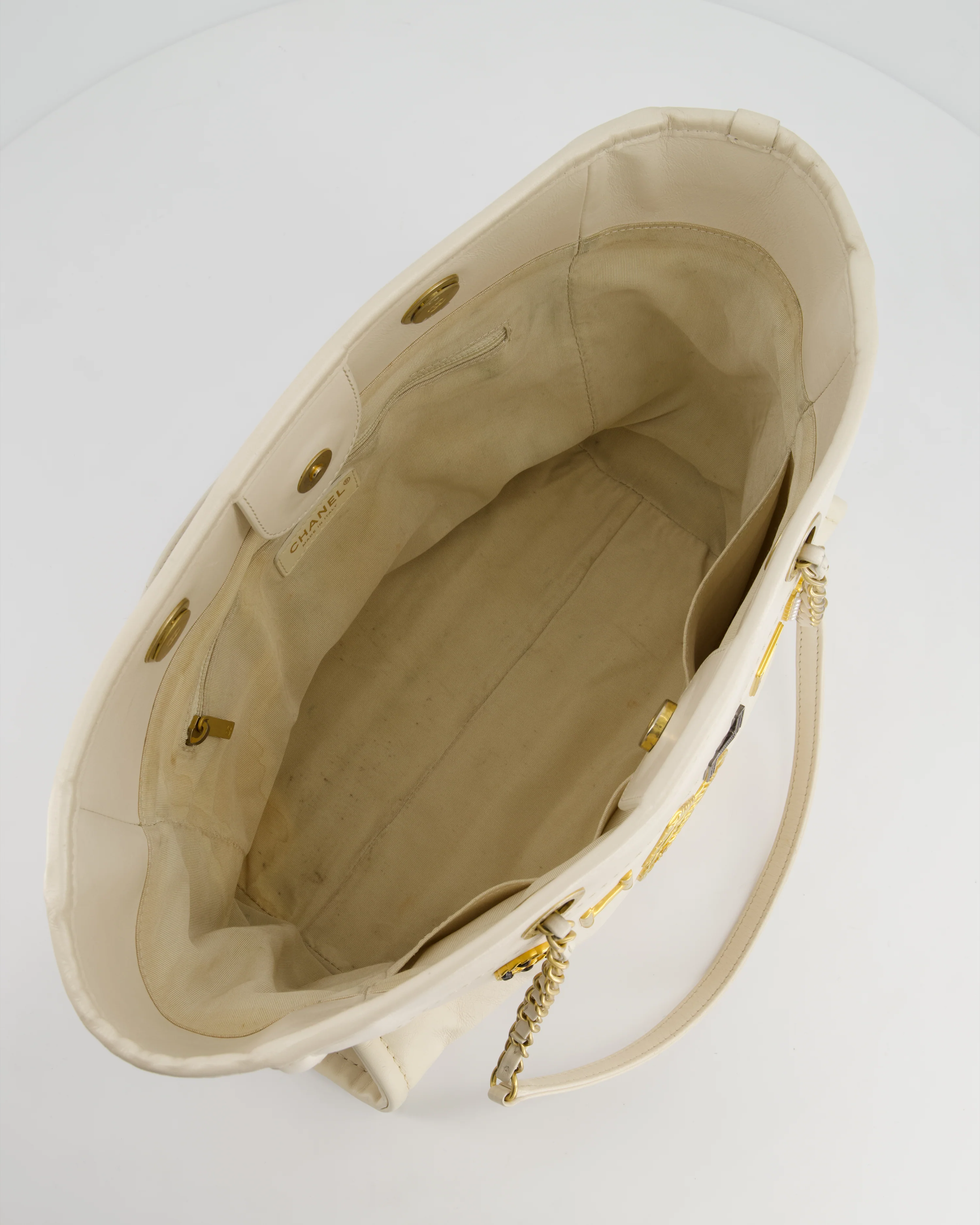 *HOT* Chanel White Small Deauville Tote Bag in Aged Calfskin Leather with Antique Gold Hardware and Pearl, Crystal Logo Detail - Image 18