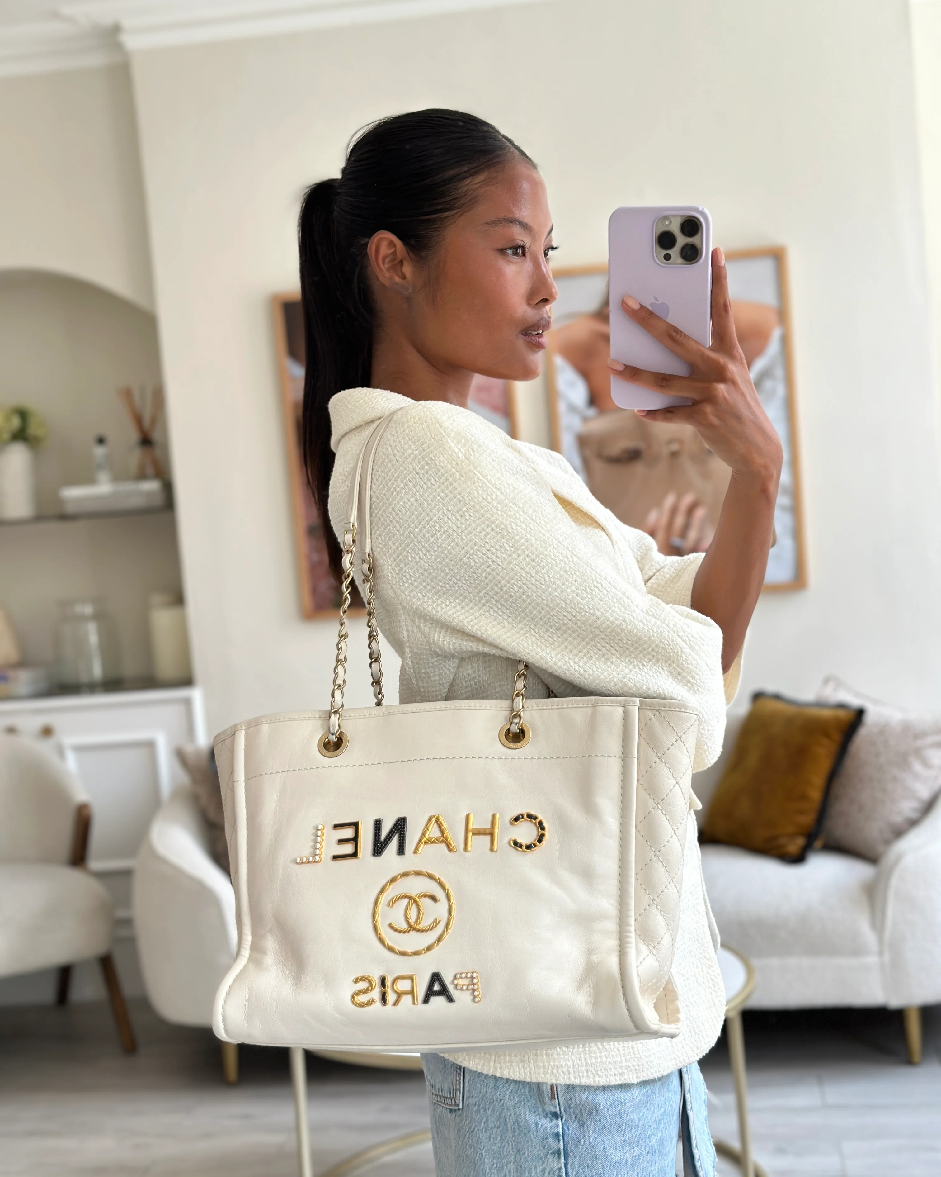 *HOT* Chanel White Small Deauville Tote Bag in Aged Calfskin Leather with Antique Gold Hardware and Pearl, Crystal Logo Detail - Image 3