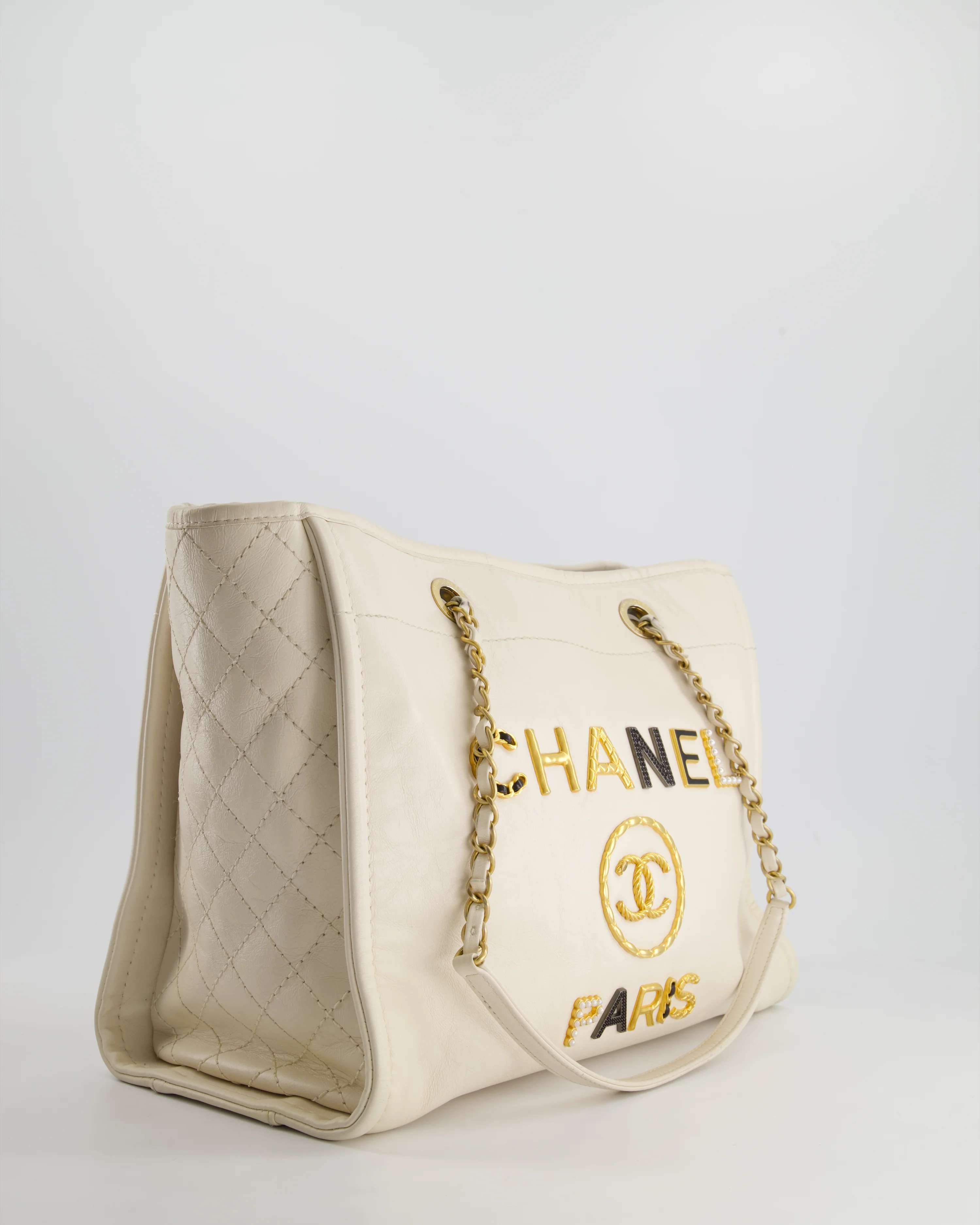 *HOT* Chanel White Small Deauville Tote Bag in Aged Calfskin Leather with Antique Gold Hardware and Pearl, Crystal Logo Detail - Image 4