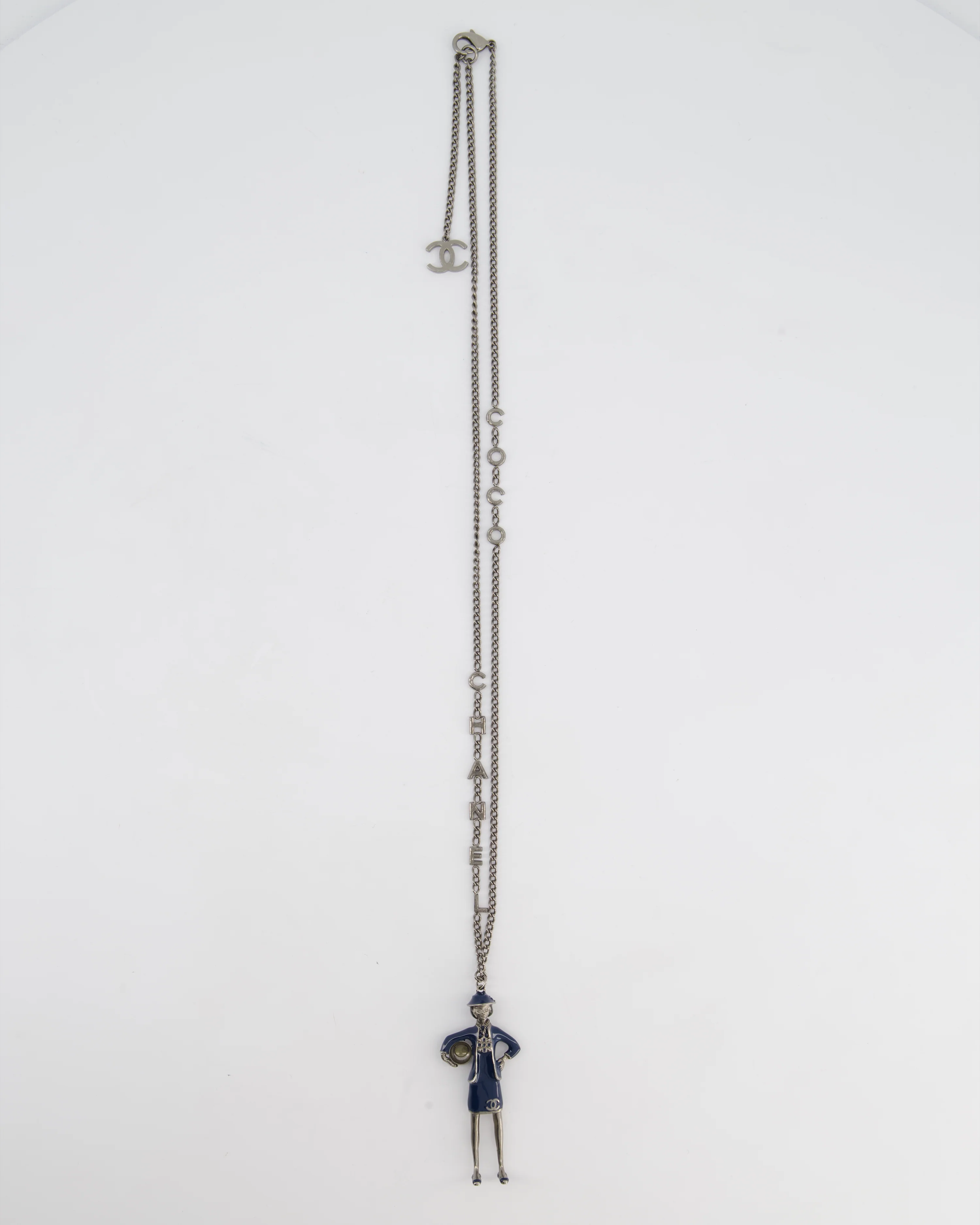 *HOT* Chanel Grey Mademoiselle Doll Charm Necklace with COCO & CHANEL Chain Details - Image 7