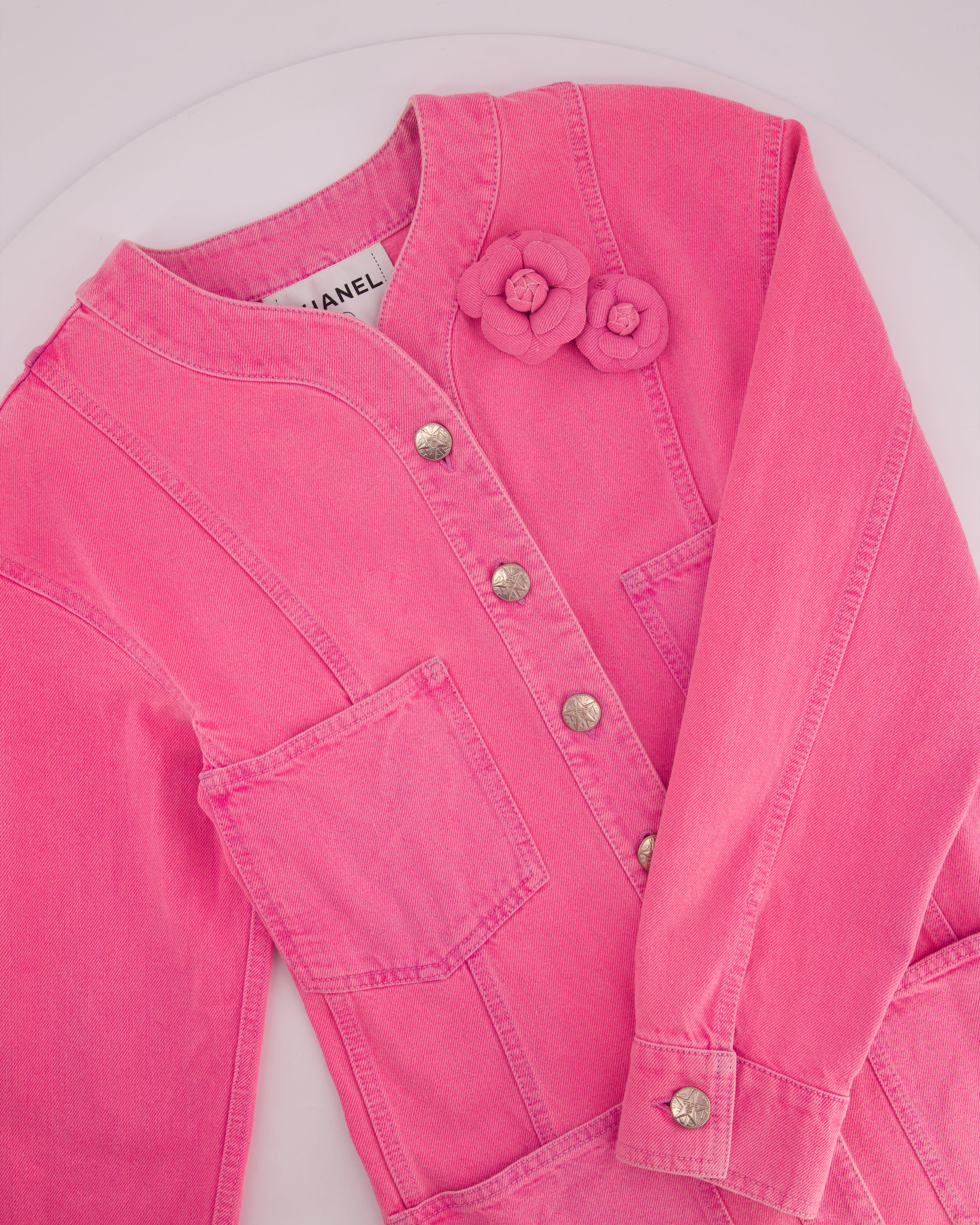 *HOT* Chanel 21S Hot Pink Denim Jacket with Detachable Camellia Pin Detail Size FR 34 (UK 6) - Image 11