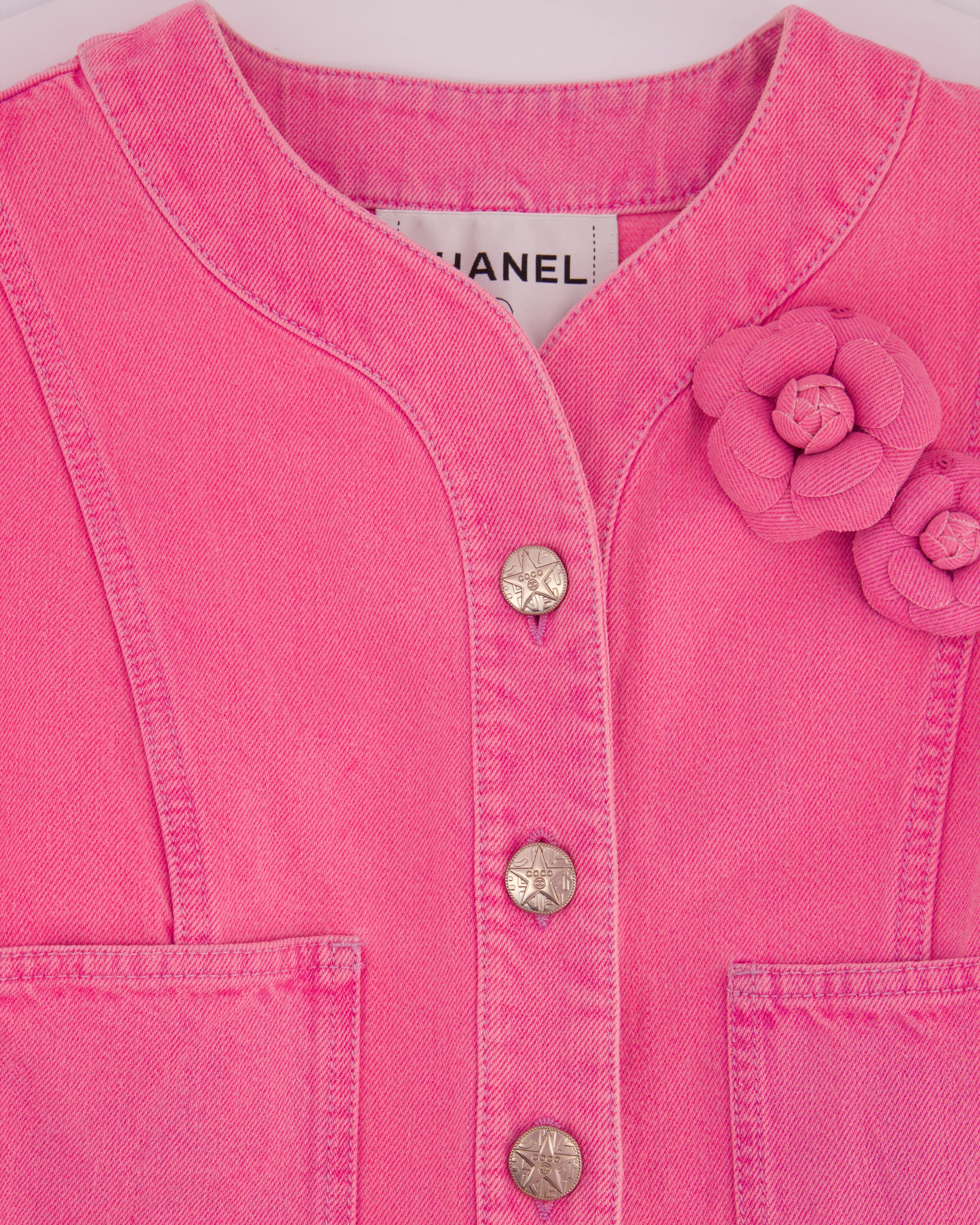 *HOT* Chanel 21S Hot Pink Denim Jacket with Detachable Camellia Pin Detail Size FR 34 (UK 6) - Image 12