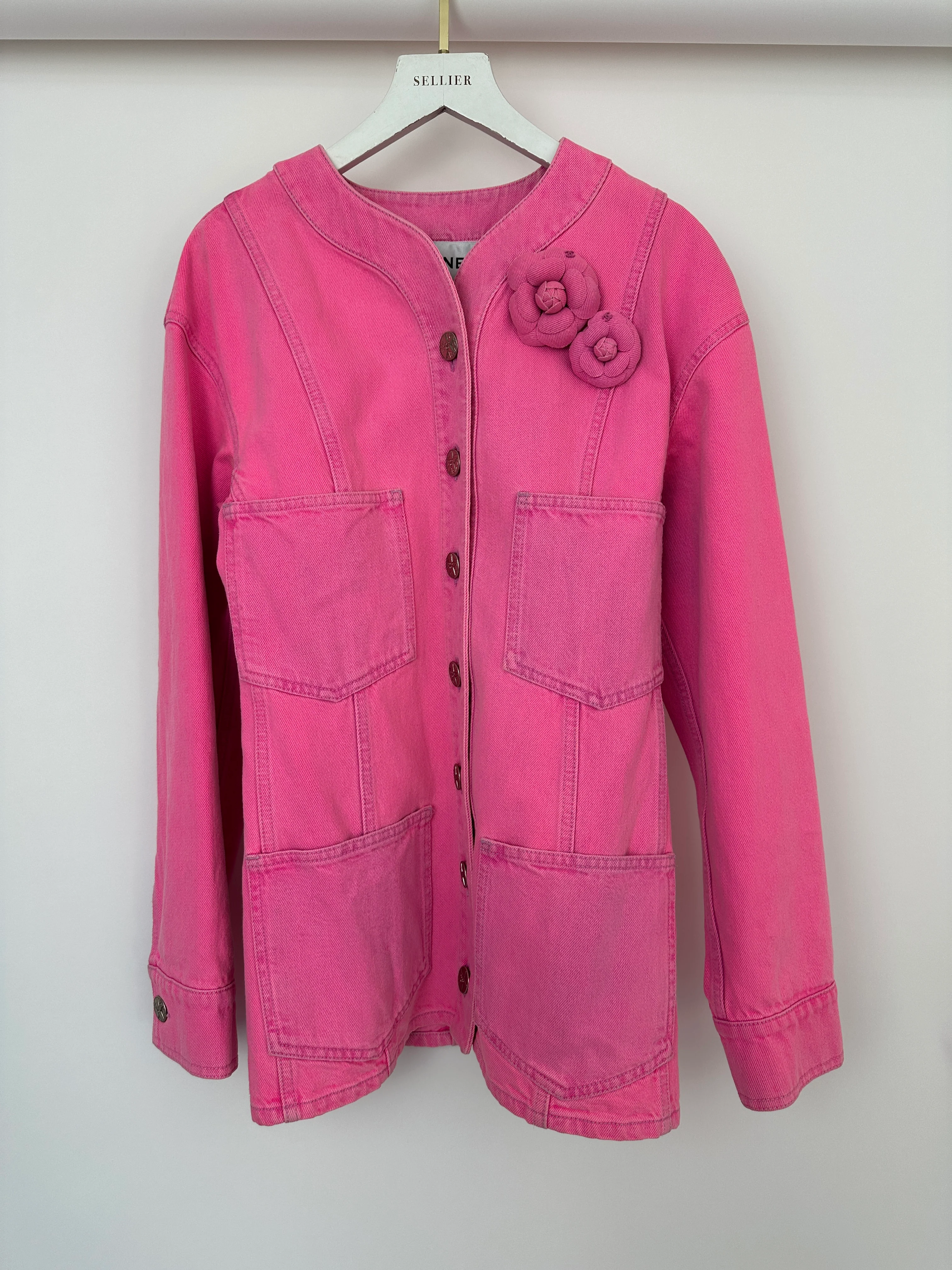 *HOT* Chanel 21S Hot Pink Denim Jacket with Detachable Camellia Pin Detail Size FR 34 (UK 6) - Image 13