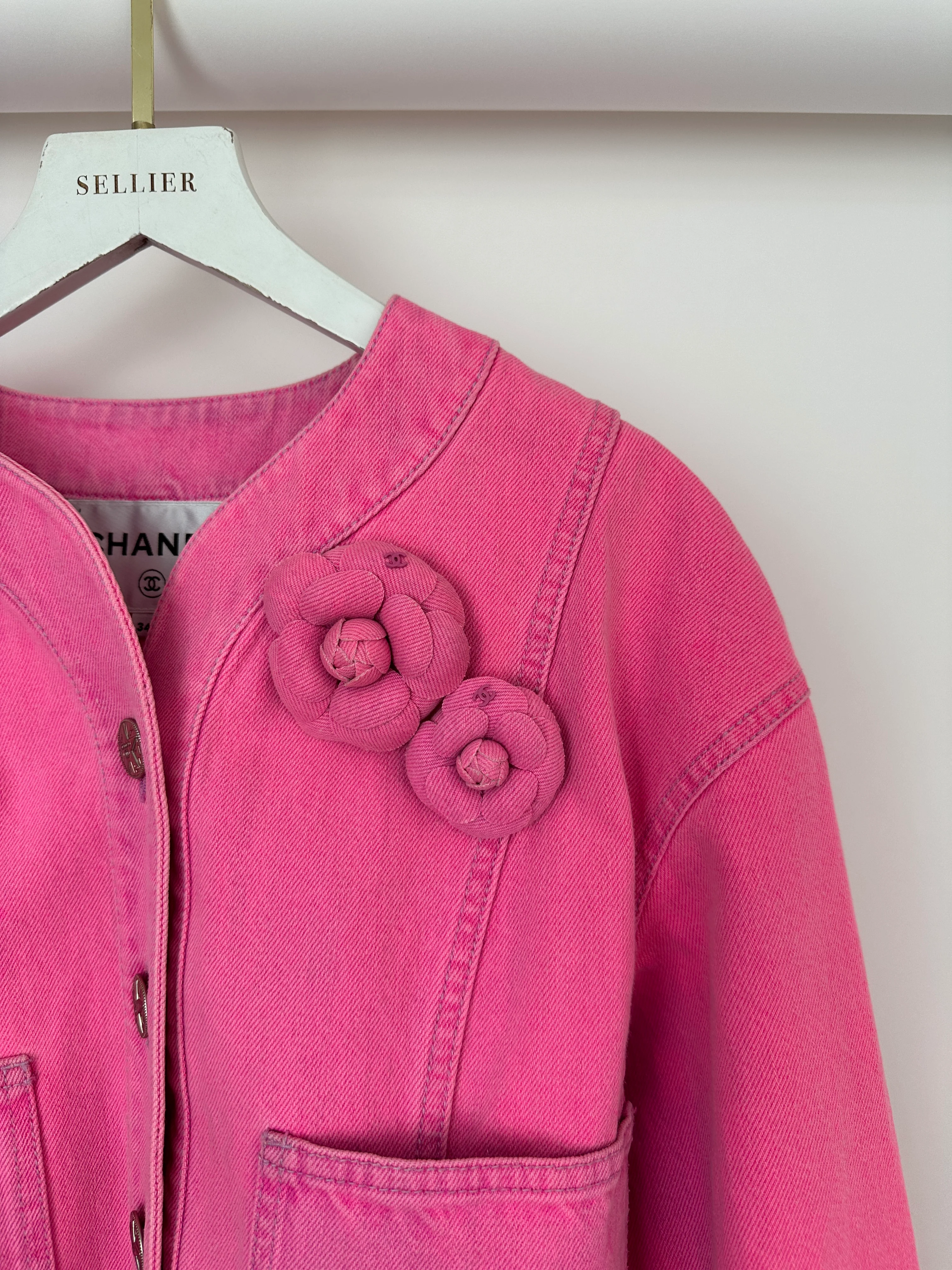 *HOT* Chanel 21S Hot Pink Denim Jacket with Detachable Camellia Pin Detail Size FR 34 (UK 6) - Image 14