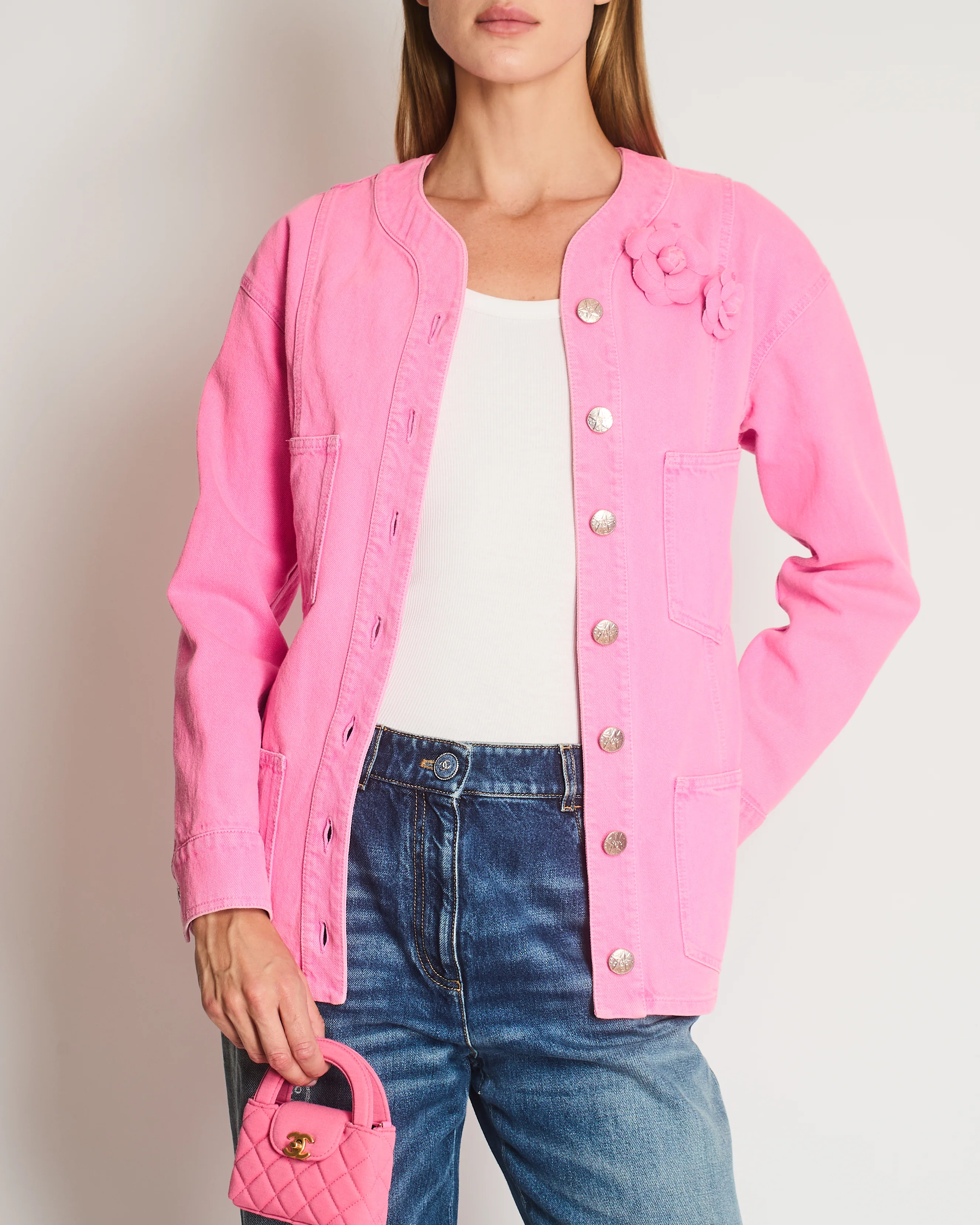*HOT* Chanel 21S Hot Pink Denim Jacket with Detachable Camellia Pin Detail Size FR 34 (UK 6) - Image 4