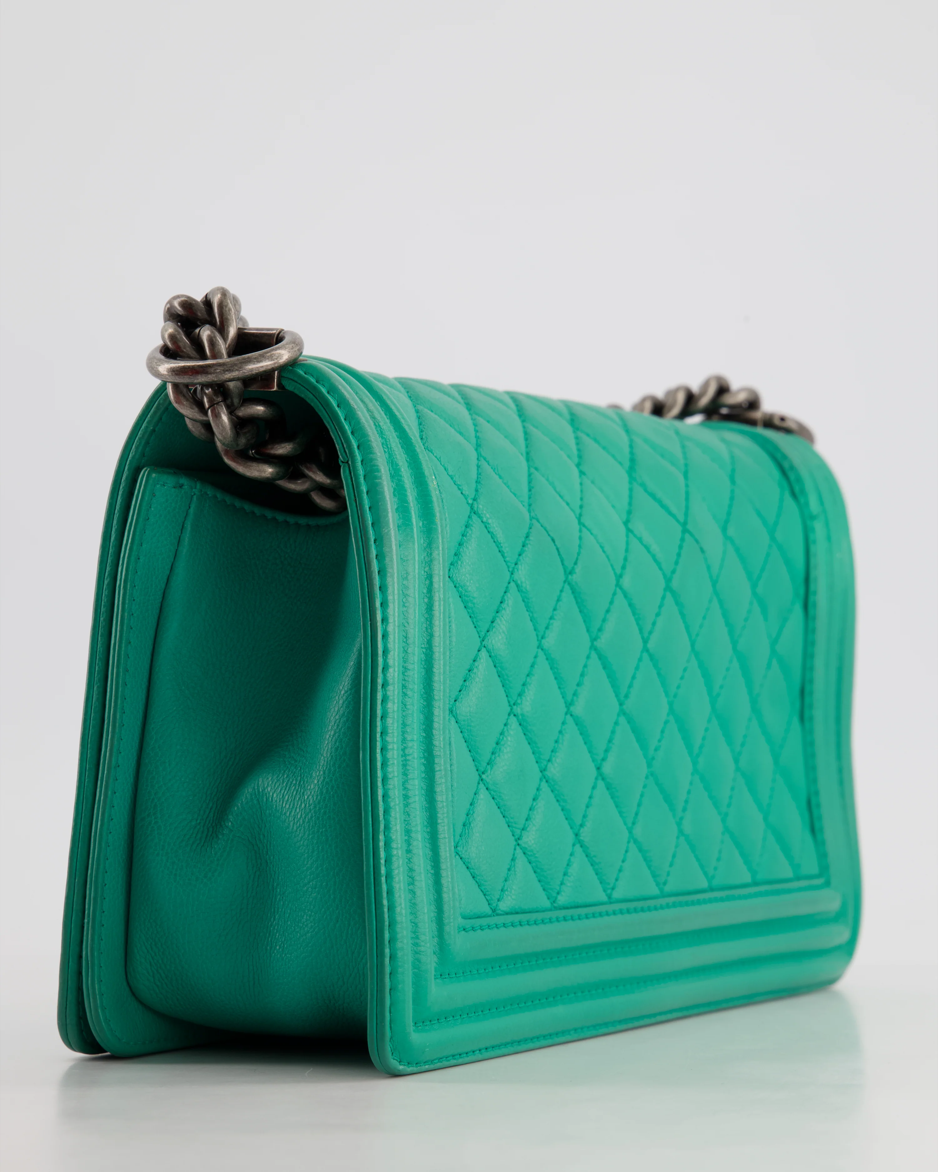 *HOT* Chanel Mint Green Medium Boy Bag in Calfskin Leather with Ruthenium Hardware - Image 12