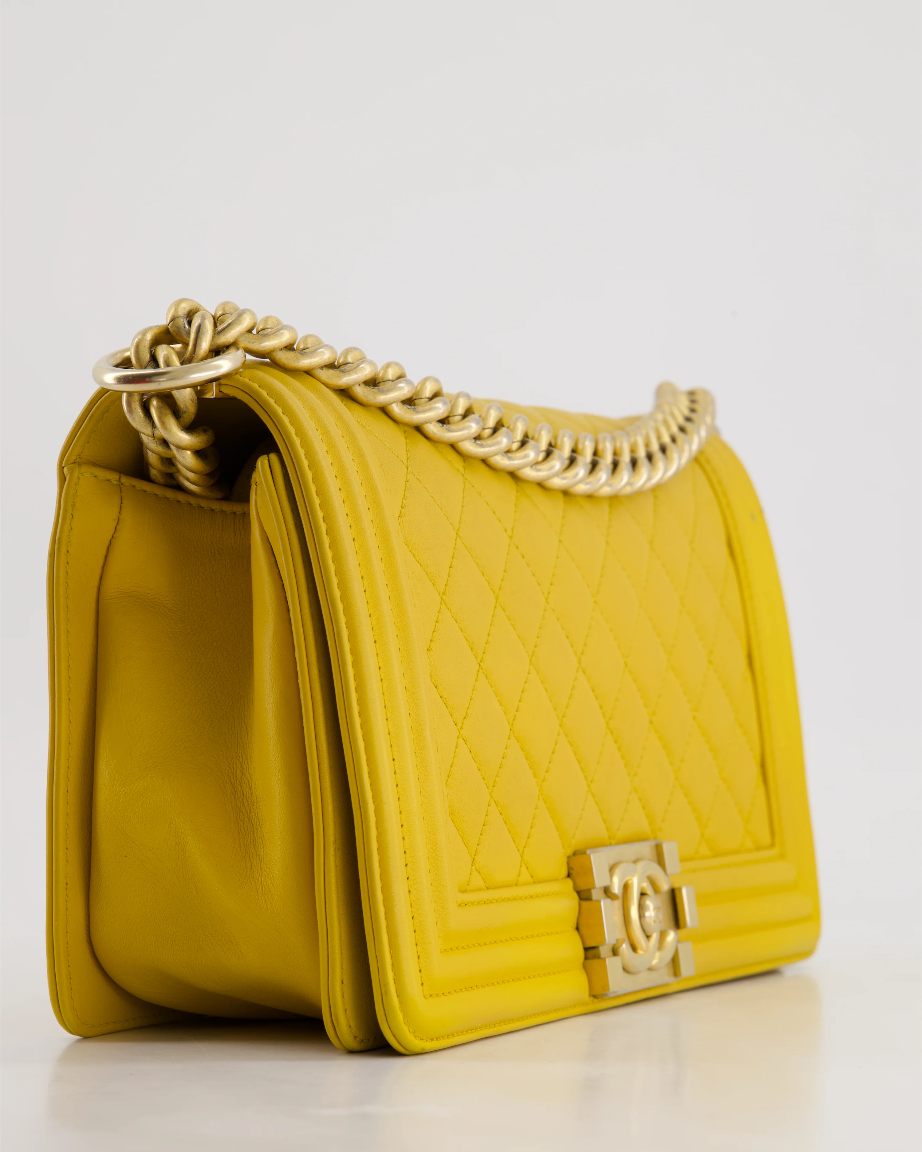 Chanel Mustard Yellow Medium Boy Bag in Calfskin Leather with Antique Gold Hardware - Image 12