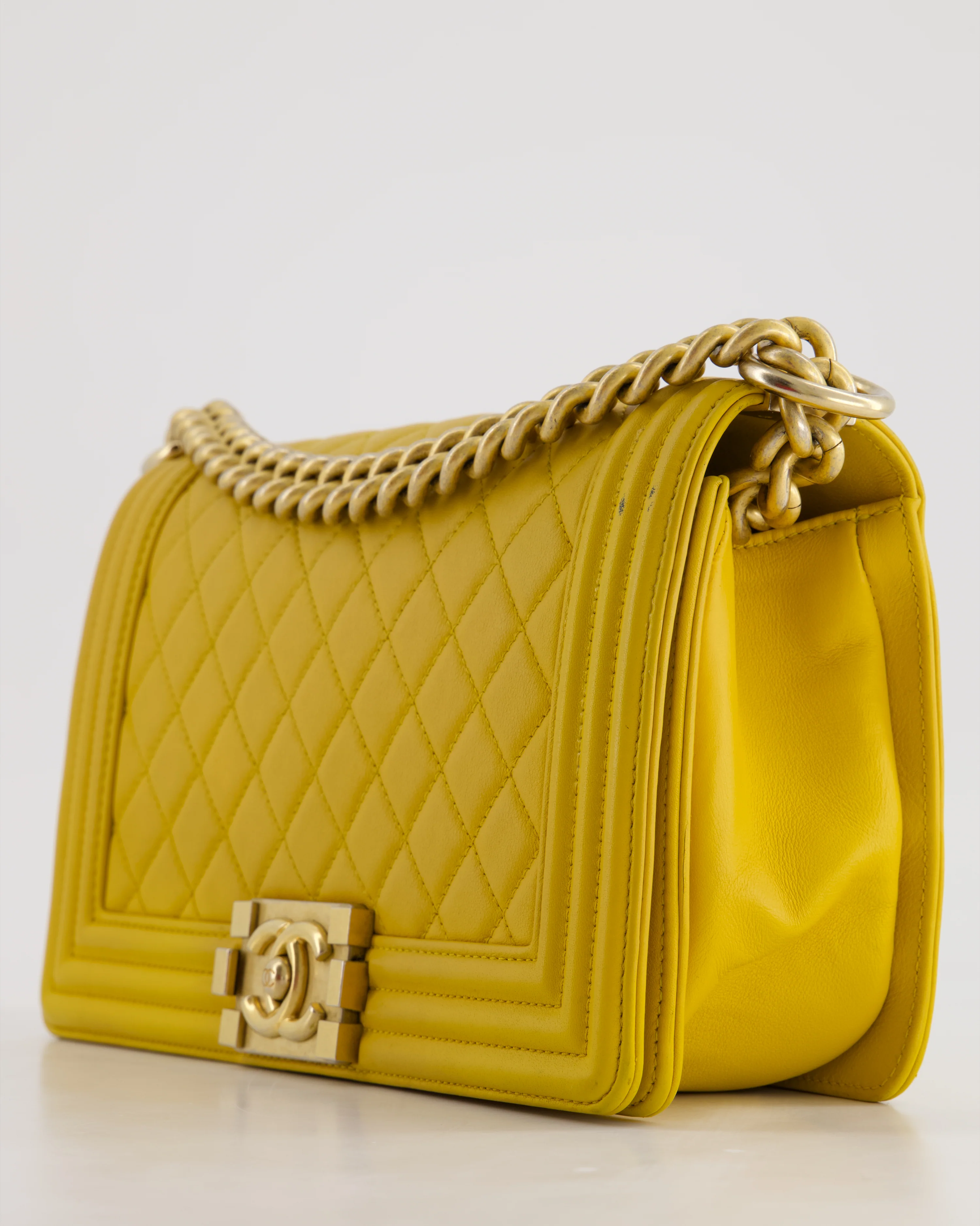 Chanel Mustard Yellow Medium Boy Bag in Calfskin Leather with Antique Gold Hardware - Image 13