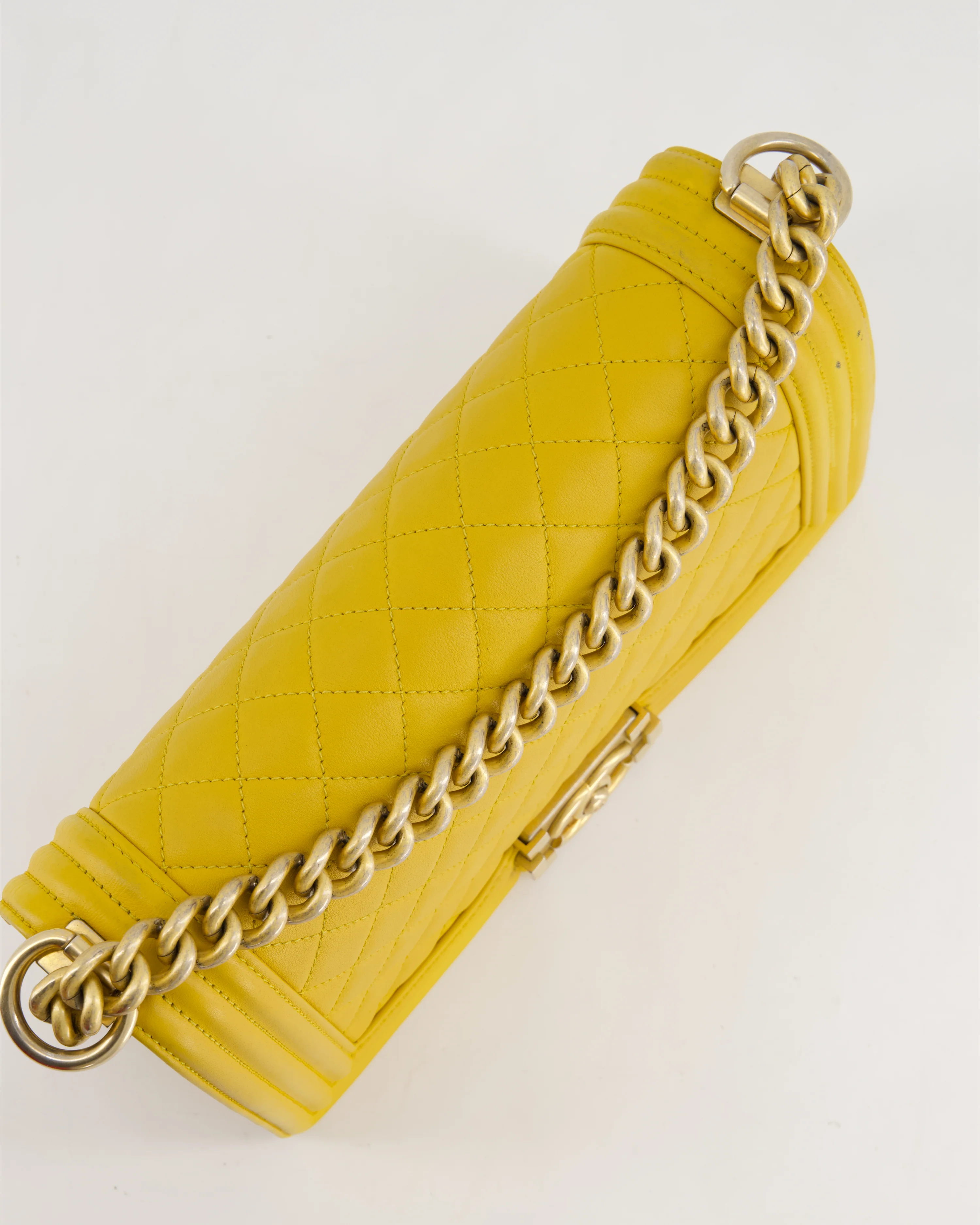 Chanel Mustard Yellow Medium Boy Bag in Calfskin Leather with Antique Gold Hardware - Image 16