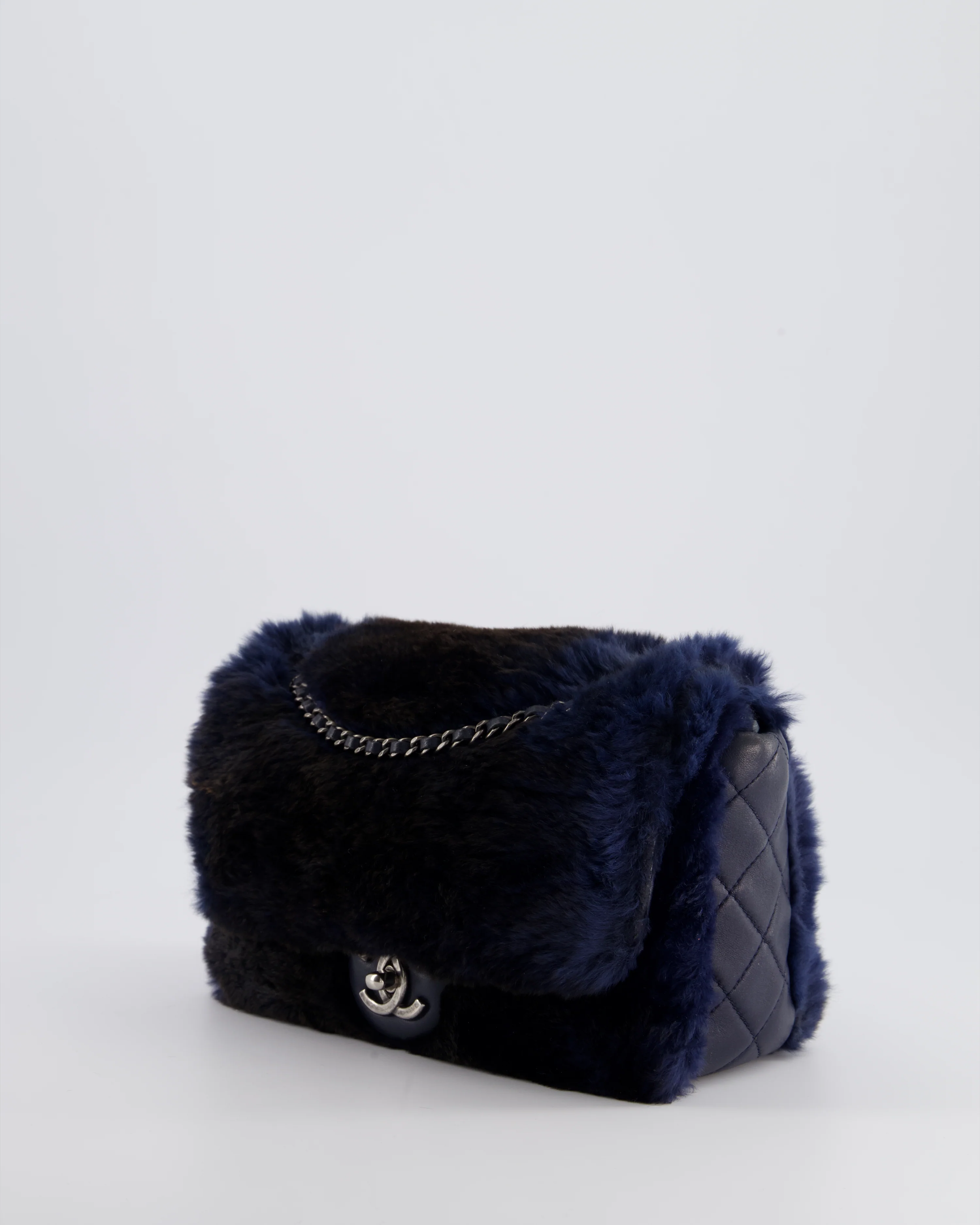 *HOT* Chanel Navy Rabbit Fur Single Flap Bag with Silver Hardware - Image 11