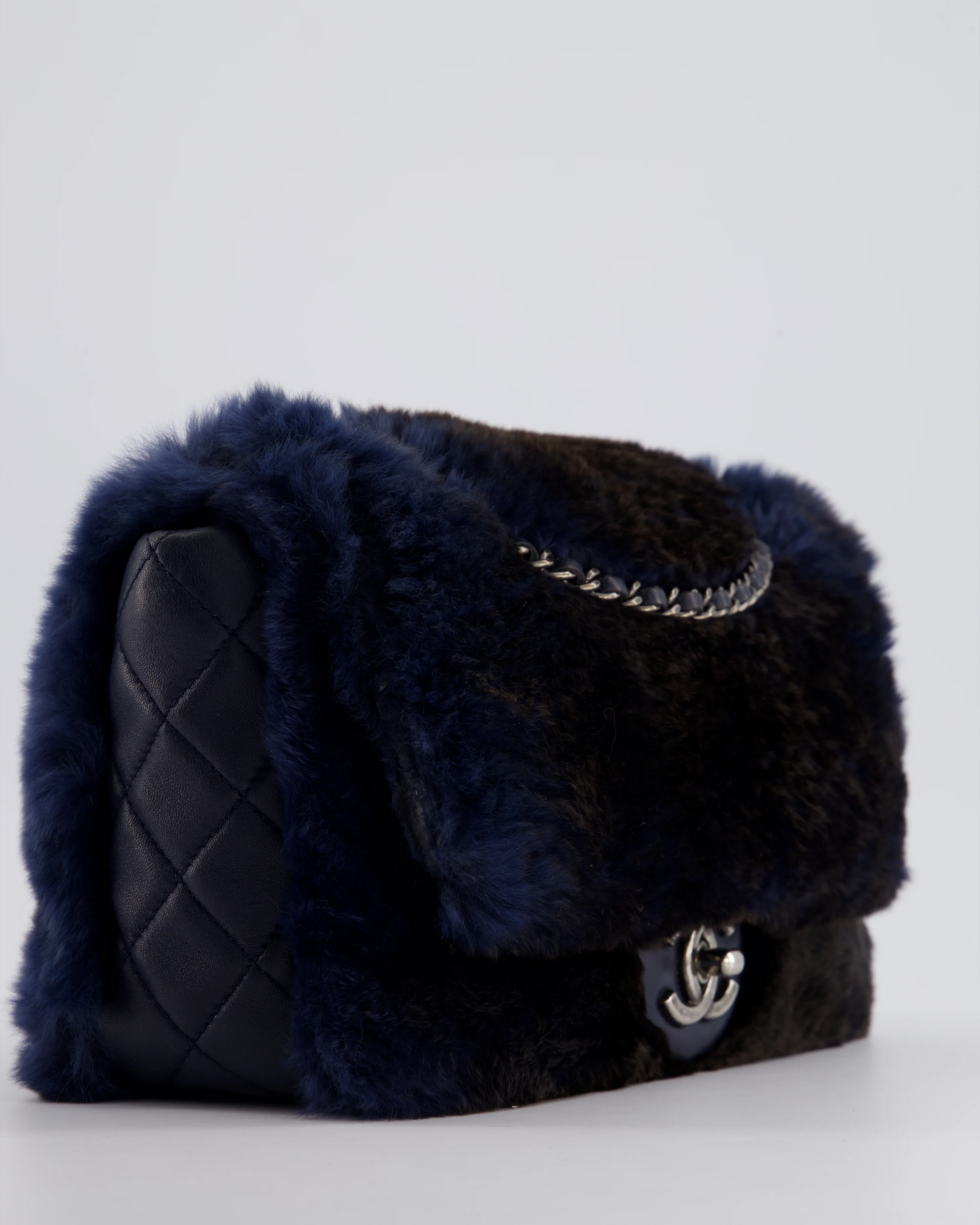 *HOT* Chanel Navy Rabbit Fur Single Flap Bag with Silver Hardware - Image 12