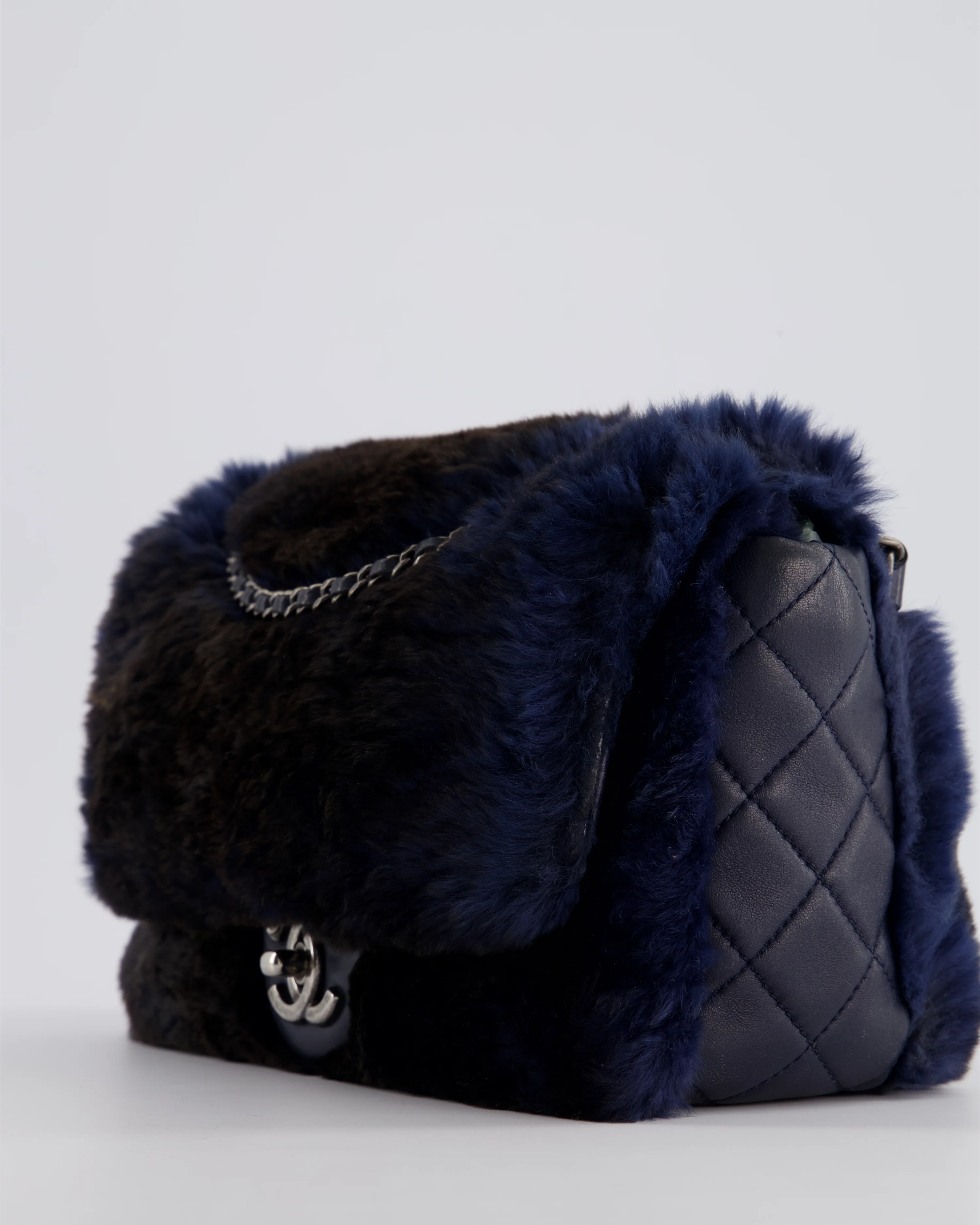 *HOT* Chanel Navy Rabbit Fur Single Flap Bag with Silver Hardware - Image 13