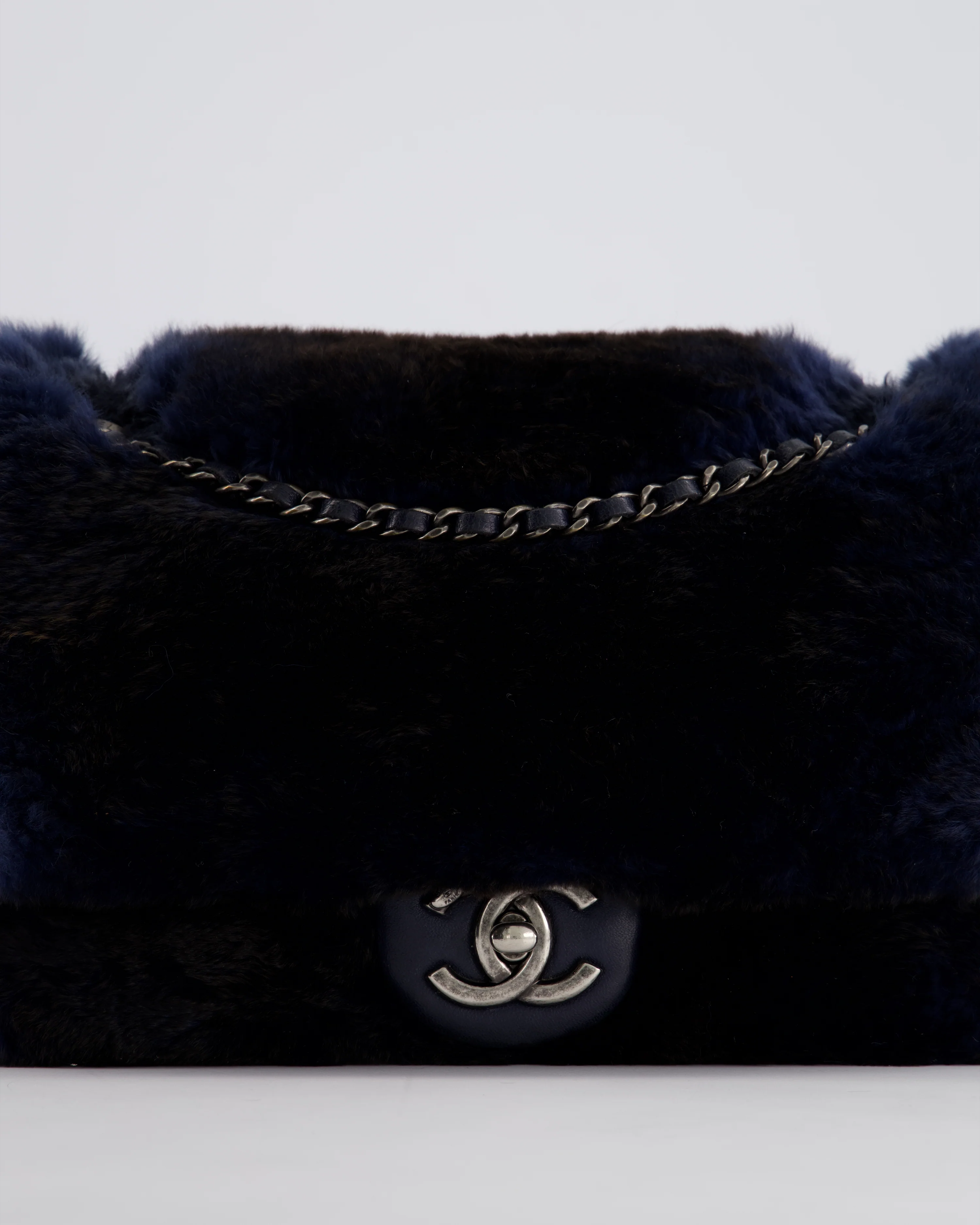 *HOT* Chanel Navy Rabbit Fur Single Flap Bag with Silver Hardware - Image 16
