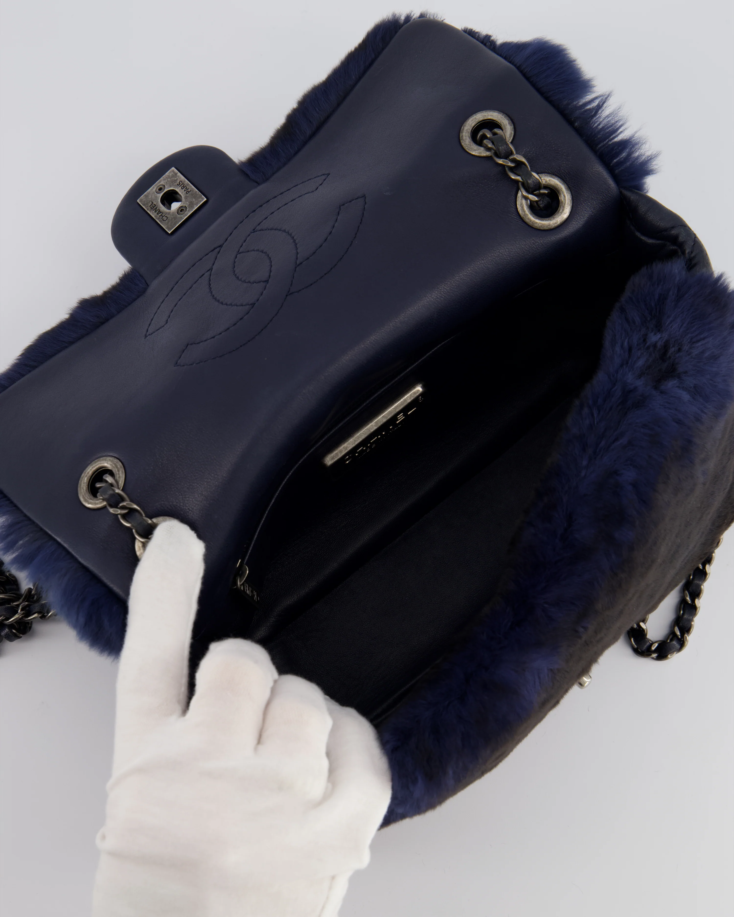 *HOT* Chanel Navy Rabbit Fur Single Flap Bag with Silver Hardware - Image 21