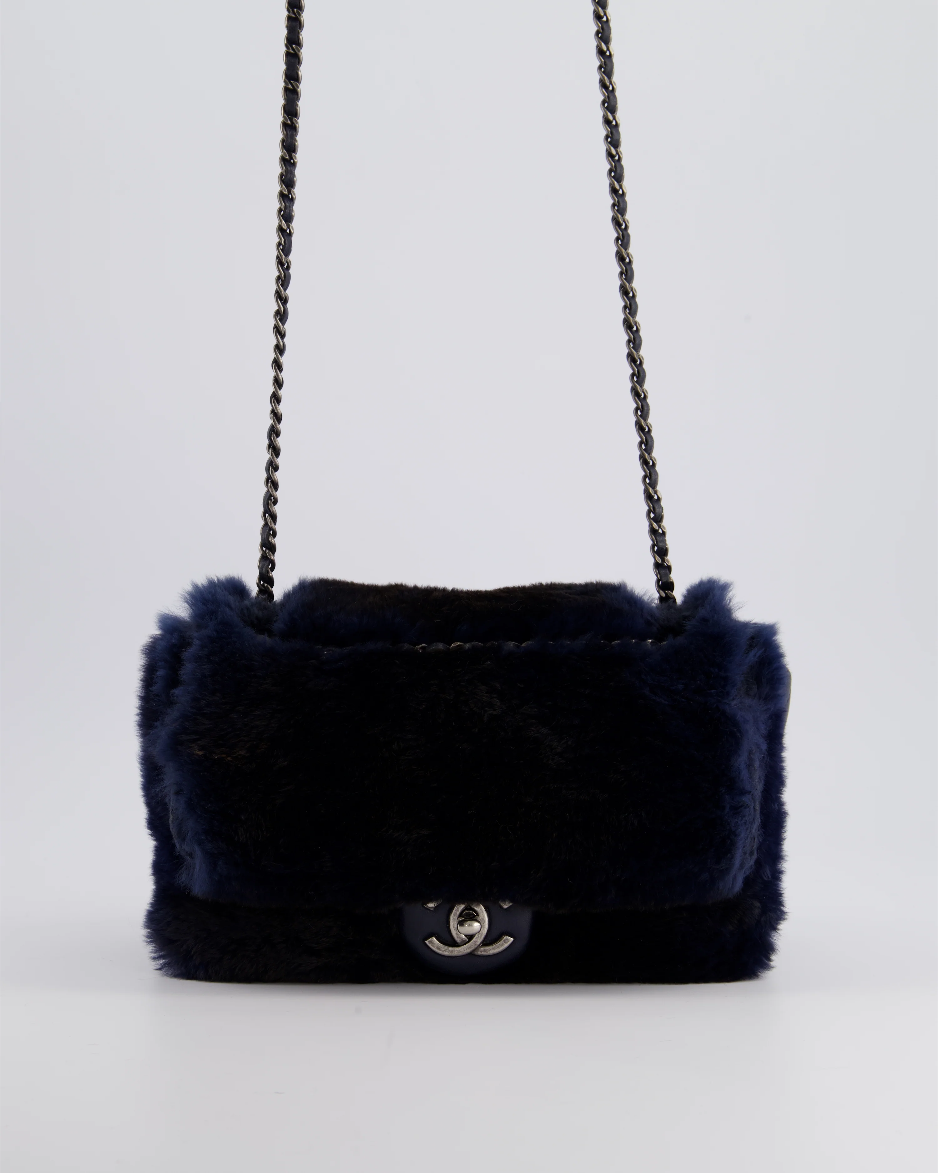 *HOT* Chanel Navy Rabbit Fur Single Flap Bag with Silver Hardware - Image 3