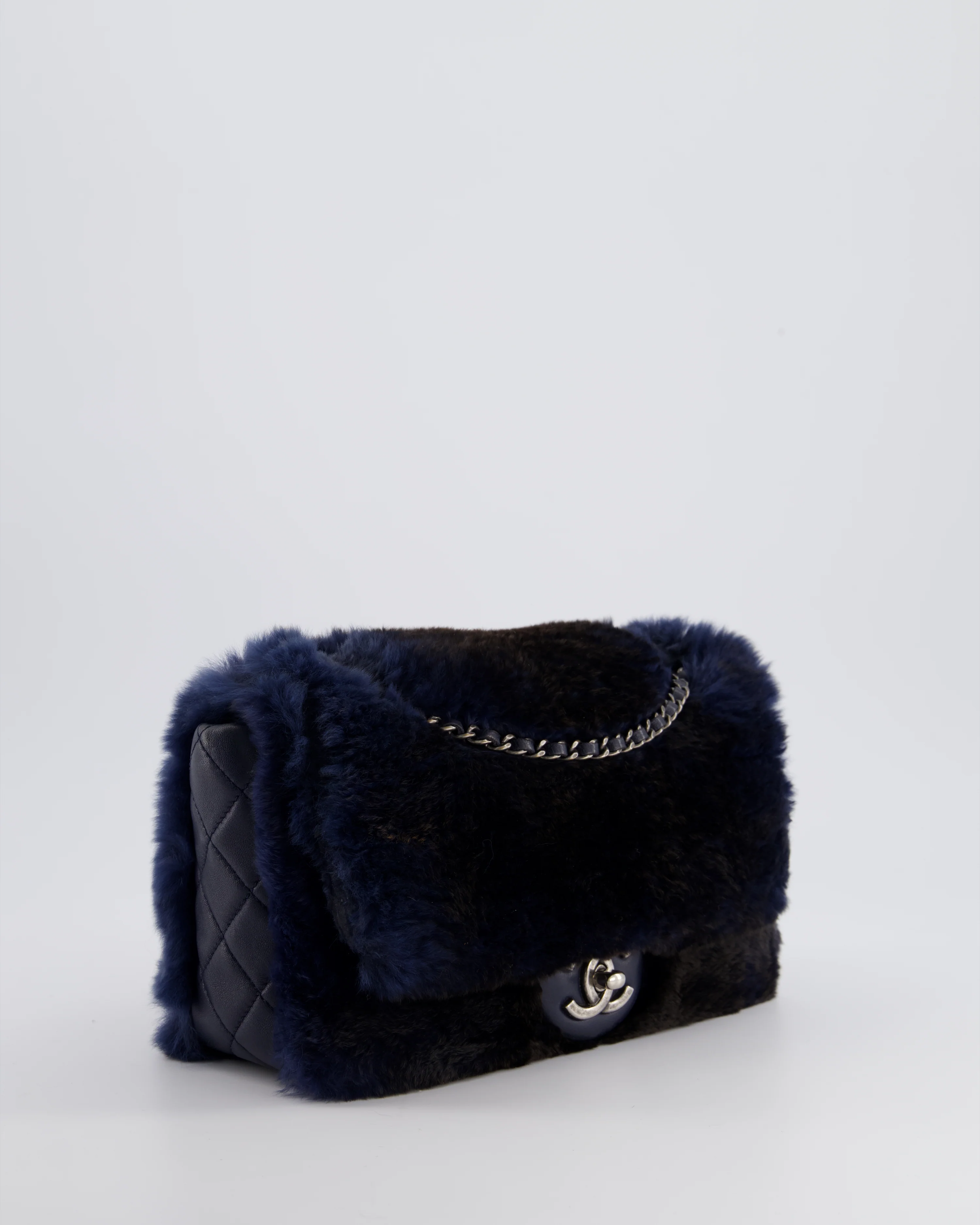 *HOT* Chanel Navy Rabbit Fur Single Flap Bag with Silver Hardware - Image 5