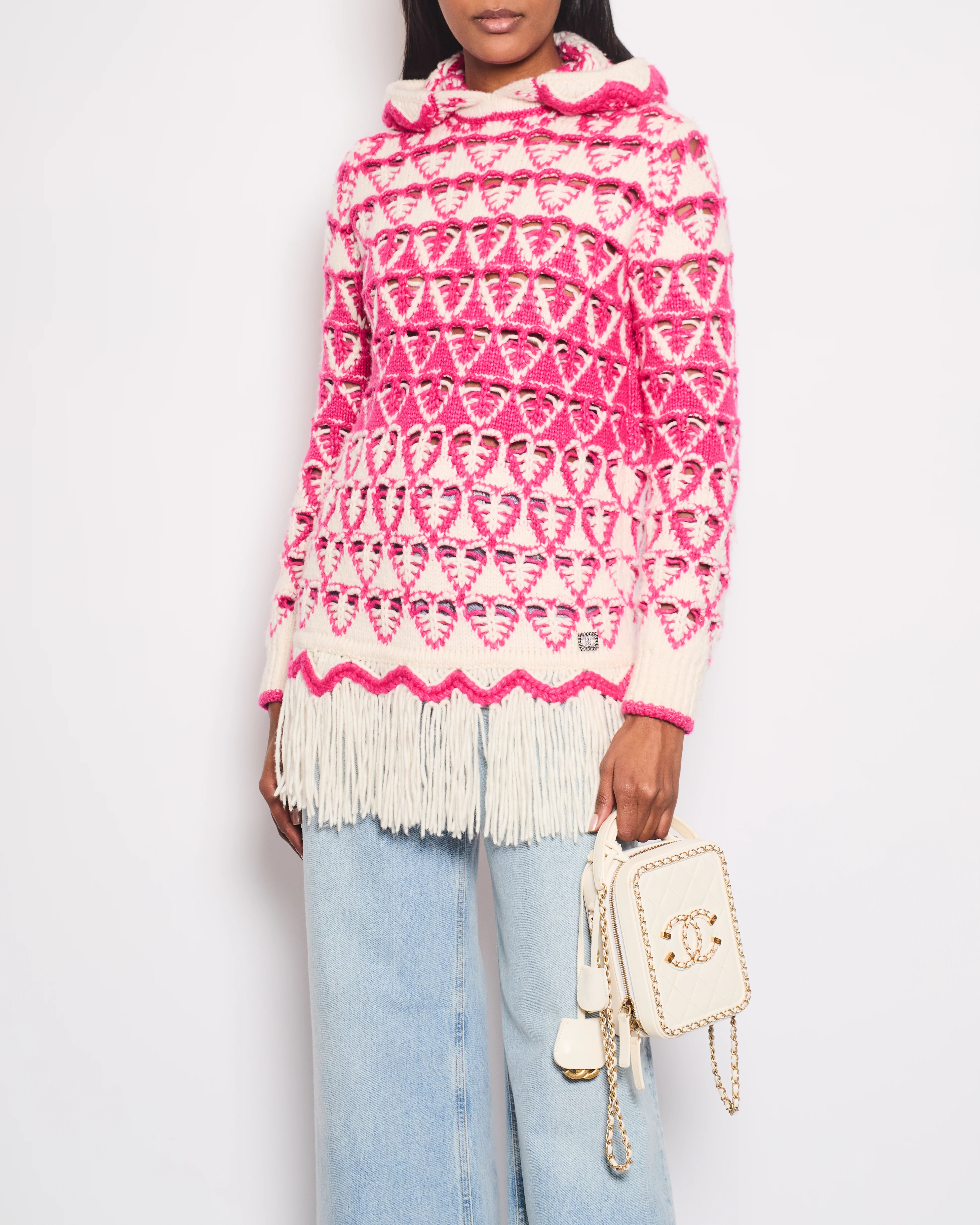 *HOT* Chanel 21/FW Pink & Cream Knitted Hooded Jumper with Fringes Detail Size FR 36 (UK 8)