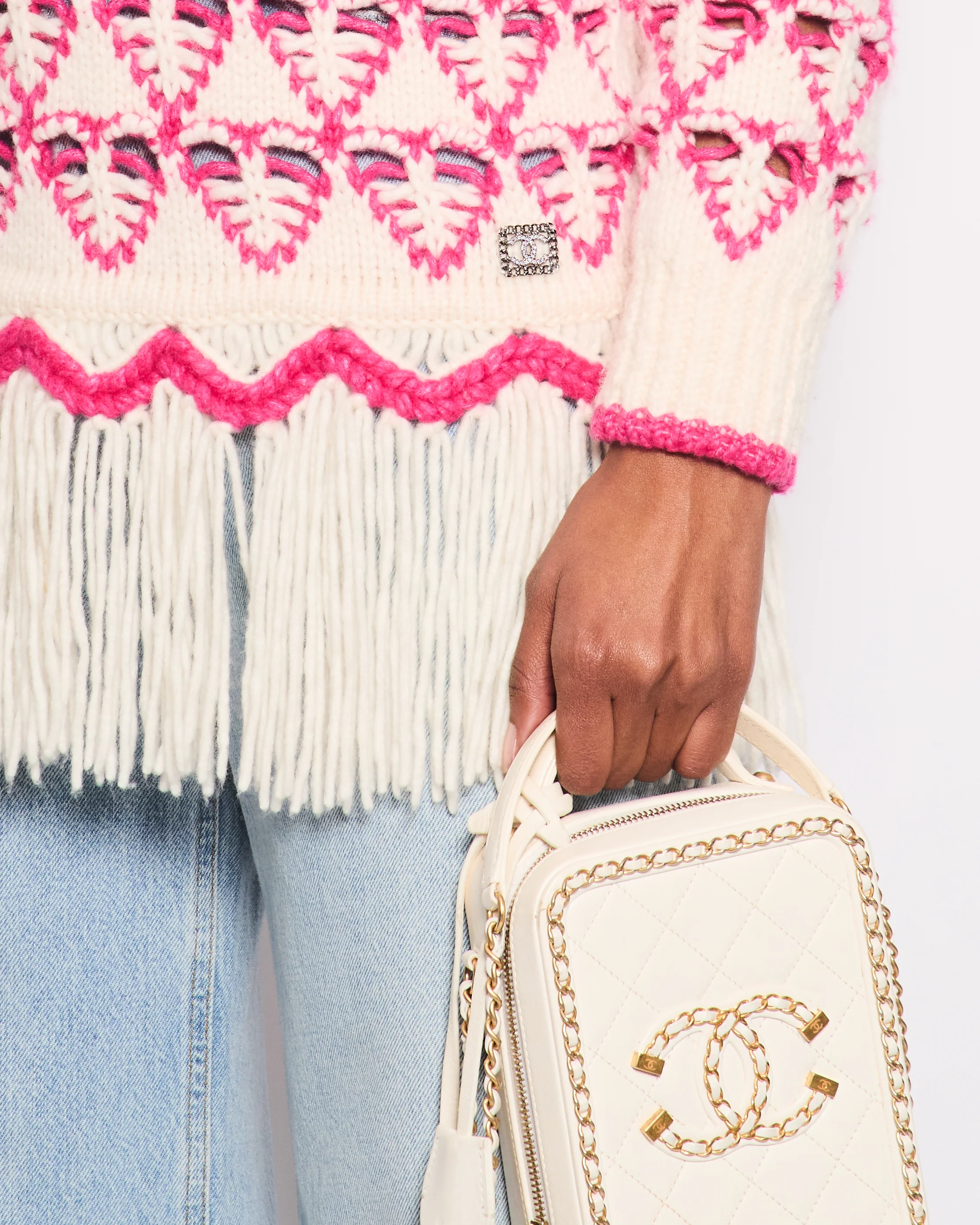 *HOT* Chanel 21/FW Pink & Cream Knitted Hooded Jumper with Fringes Detail Size FR 36 (UK 8) - Image 3