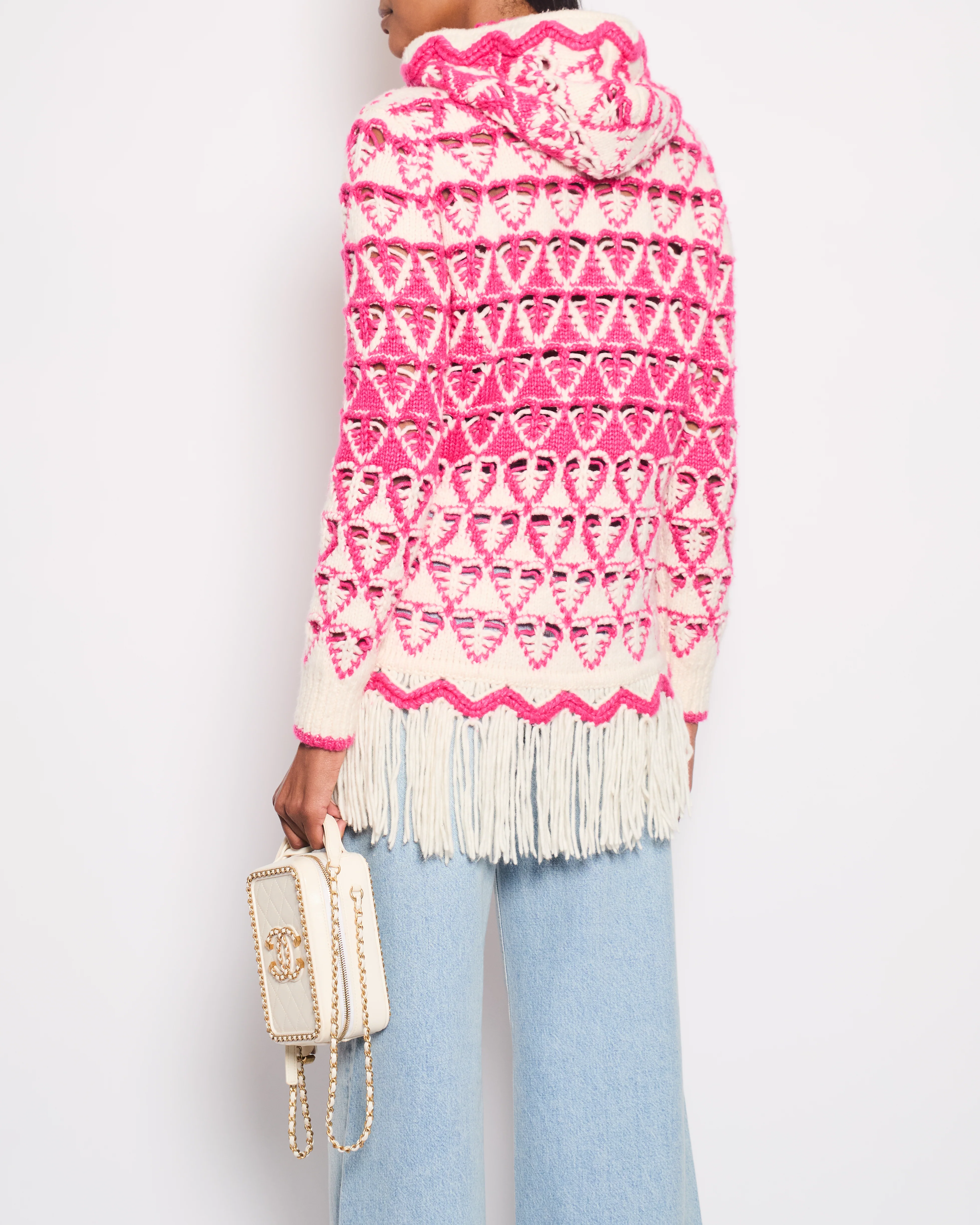 *HOT* Chanel 21/FW Pink & Cream Knitted Hooded Jumper with Fringes Detail Size FR 36 (UK 8) - Image 4