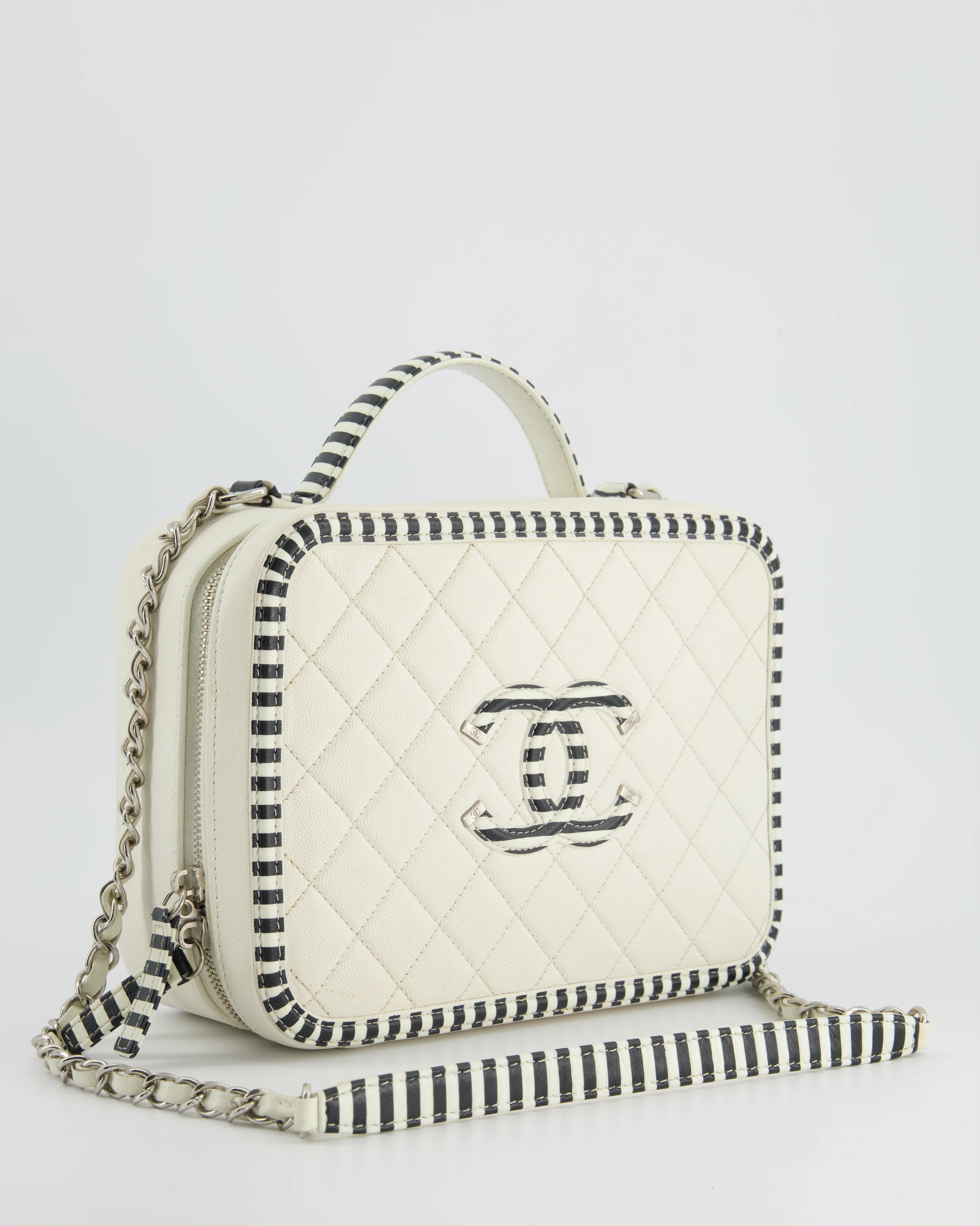 *HOT* Chanel White Caviar Vanity Case with Zebra Motif CC Logo and Silver Hardware - Image 4