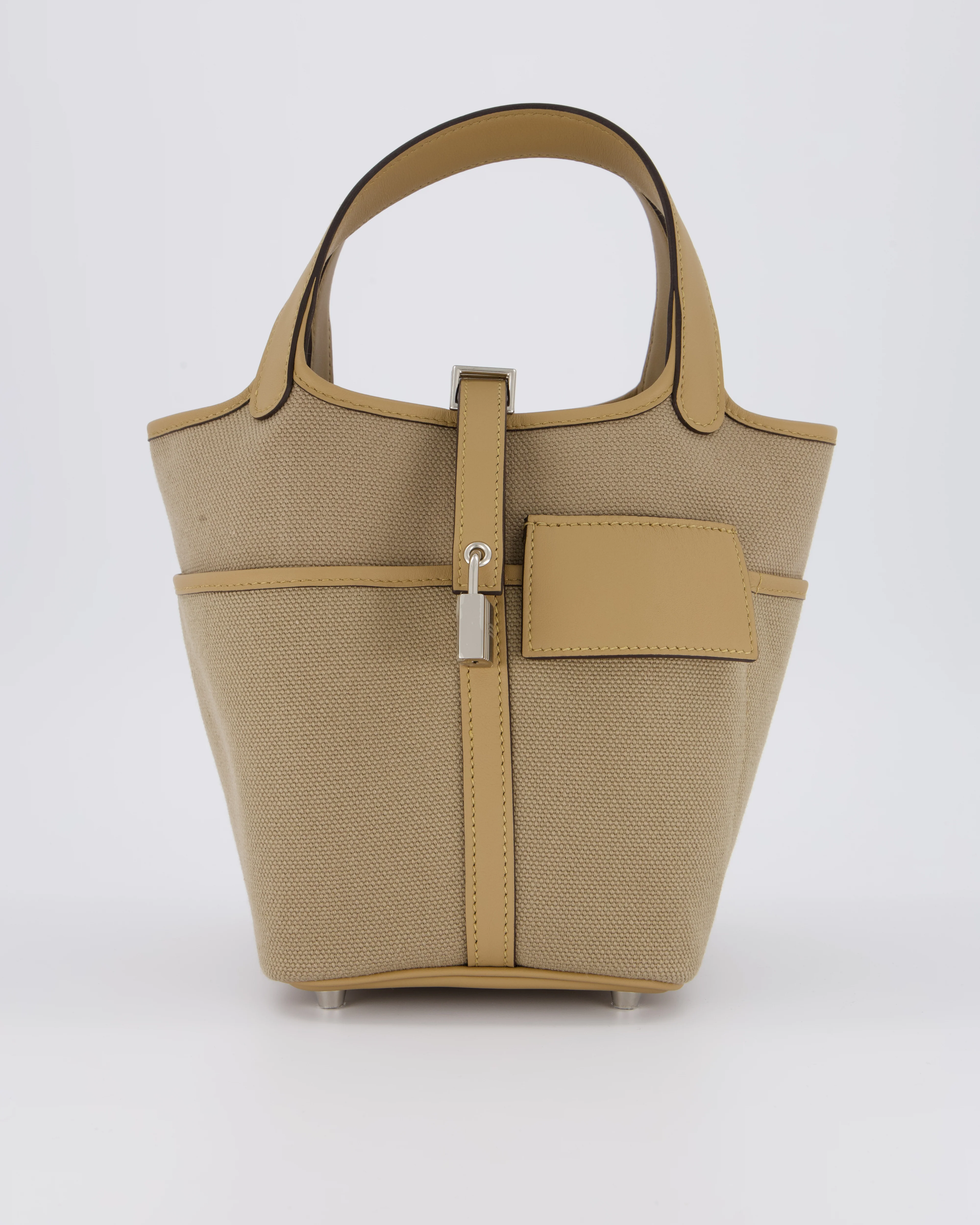 *HOT* Hermès Picotin 18 Lock Pocket Cargo Bag in Beige Marfa Toile Goeland & Poussiere Swift Leather with Palladium Hardware