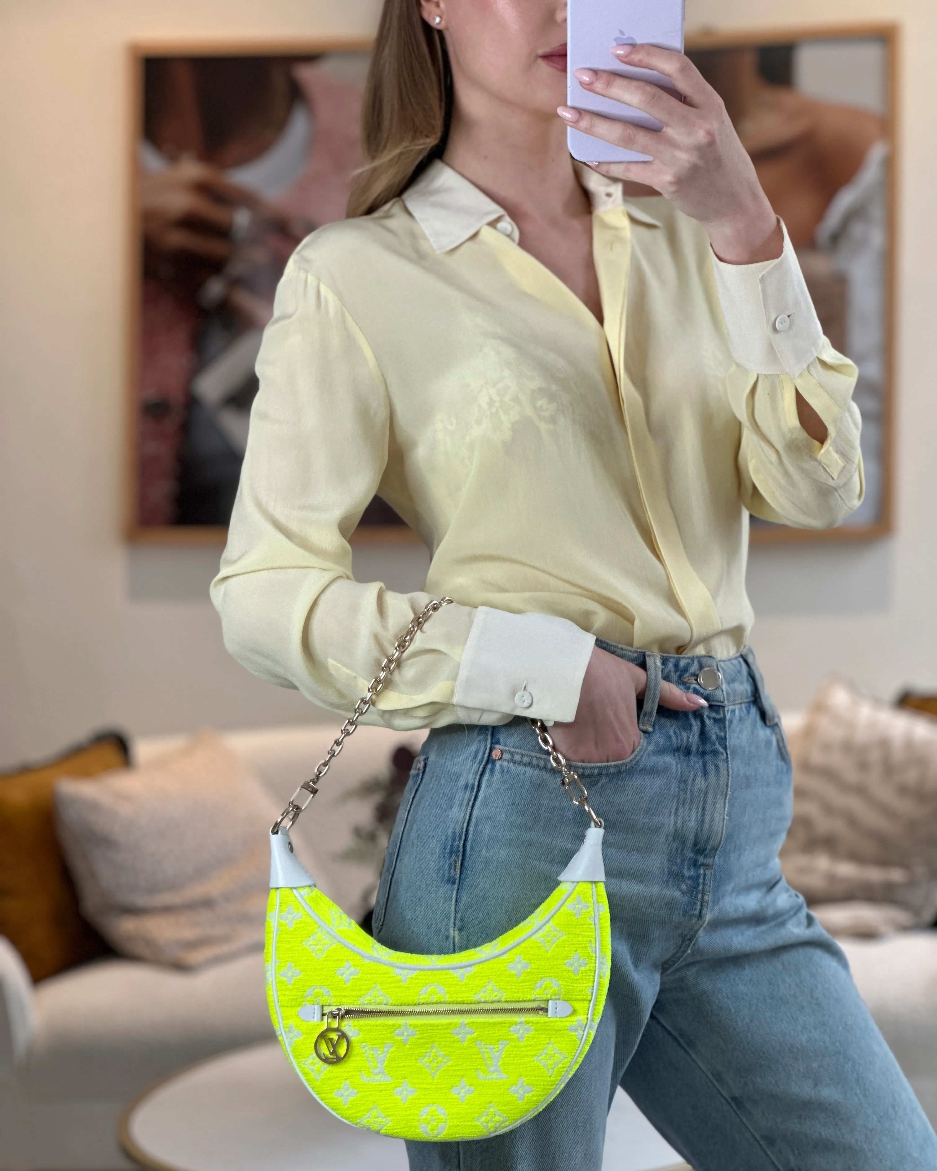 *HOT* Louis Vuitton Neon Yellow Jacquard  Monogram Loop Bag with Champagne Gold Hardware - Image 3