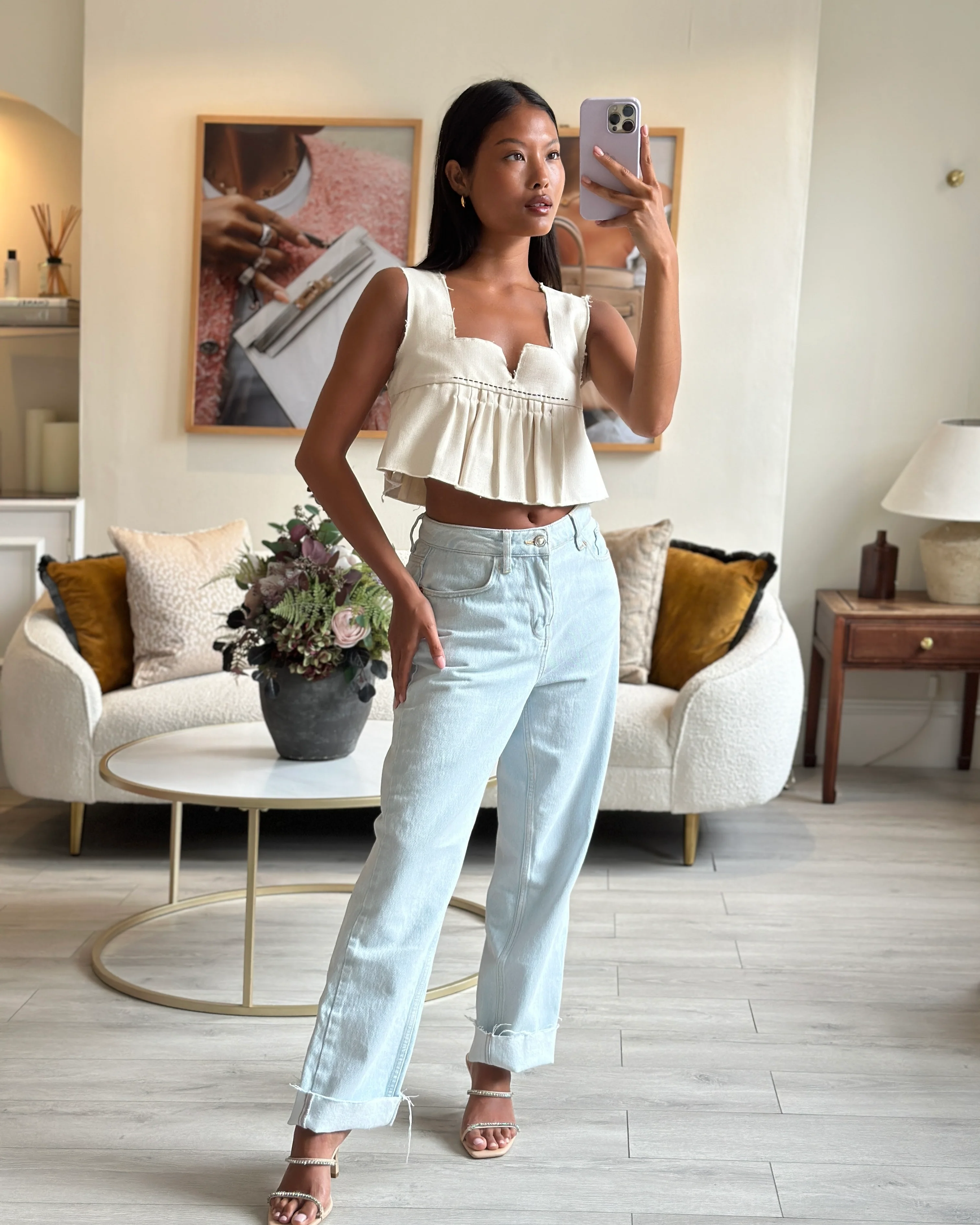 *HOT* Miu Miu Cream Cropped Frayed Cotton Peplum Top Size IT 36 (UK 4) - Image 5