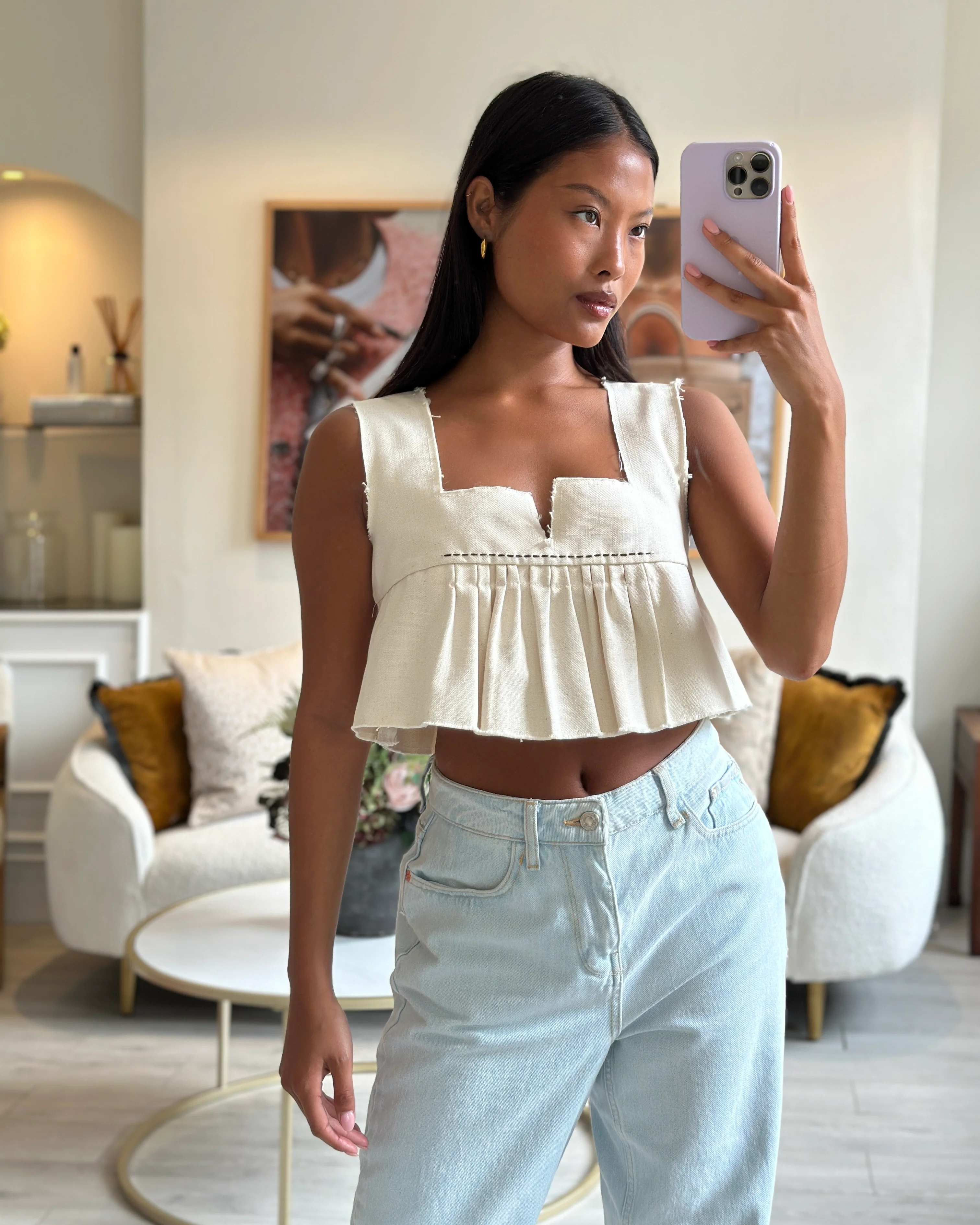 *HOT* Miu Miu Cream Cropped Frayed Cotton Peplum Top Size IT 36 (UK 4) - Image 6