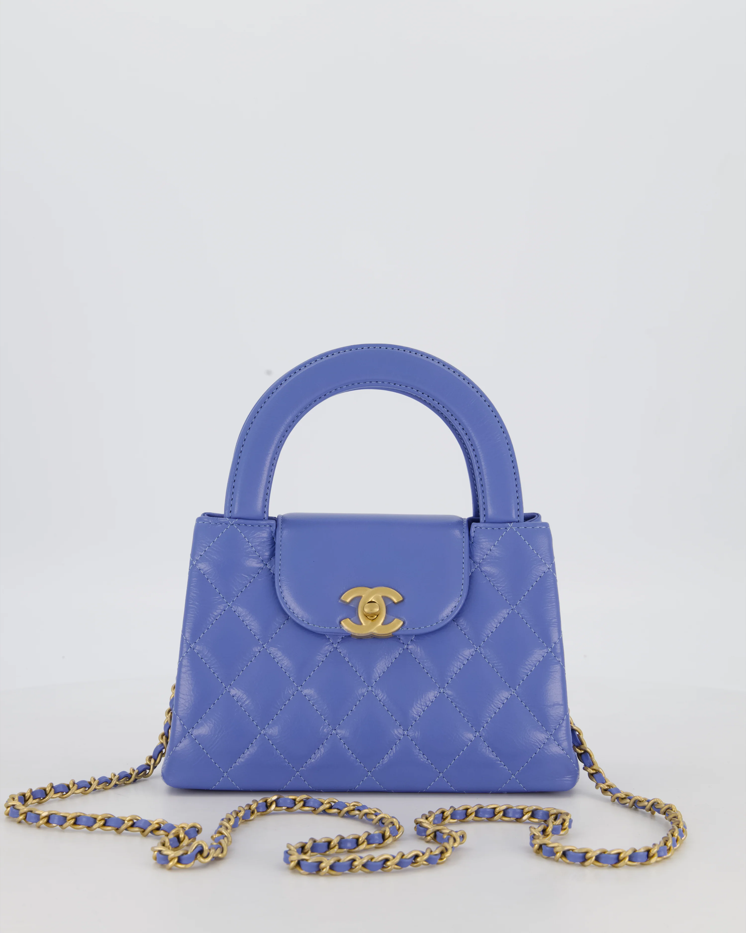 *HOT & RARE* Chanel Sky Blue Small Mini Kelly Shopping Bag in Aged Calfskin Leather with Brushed Gold Hardware
