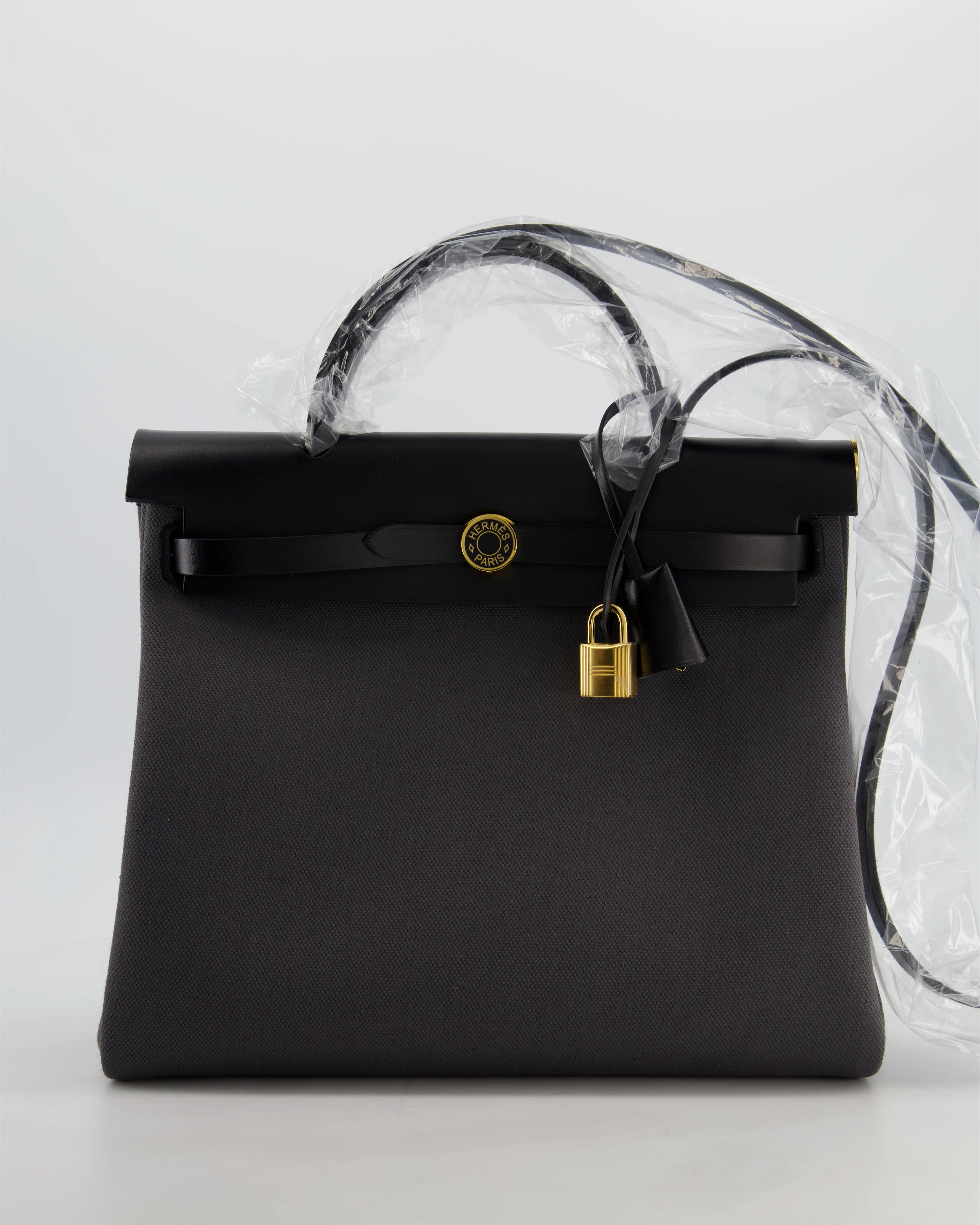 *HOT & RARE* Hermès Herbag 31 Laque Zip Bag in Ardoise Toile Militaire Canvas, Noir Vache Hunter Leather with Gold & Noir Hardware
