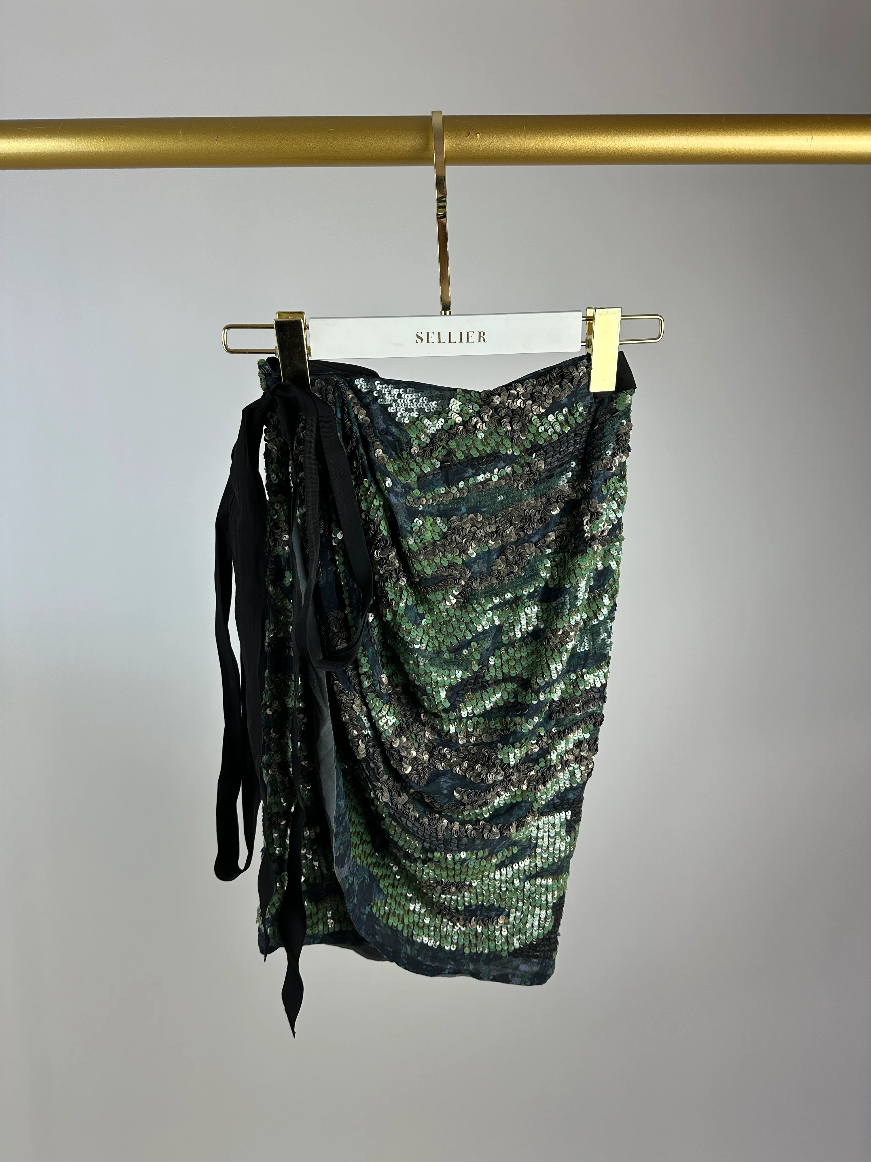 Isabel Marant Green and Silver Leopard Print Embellished Wrap Mini Skirt FR 36 (UK 8) - Image 2