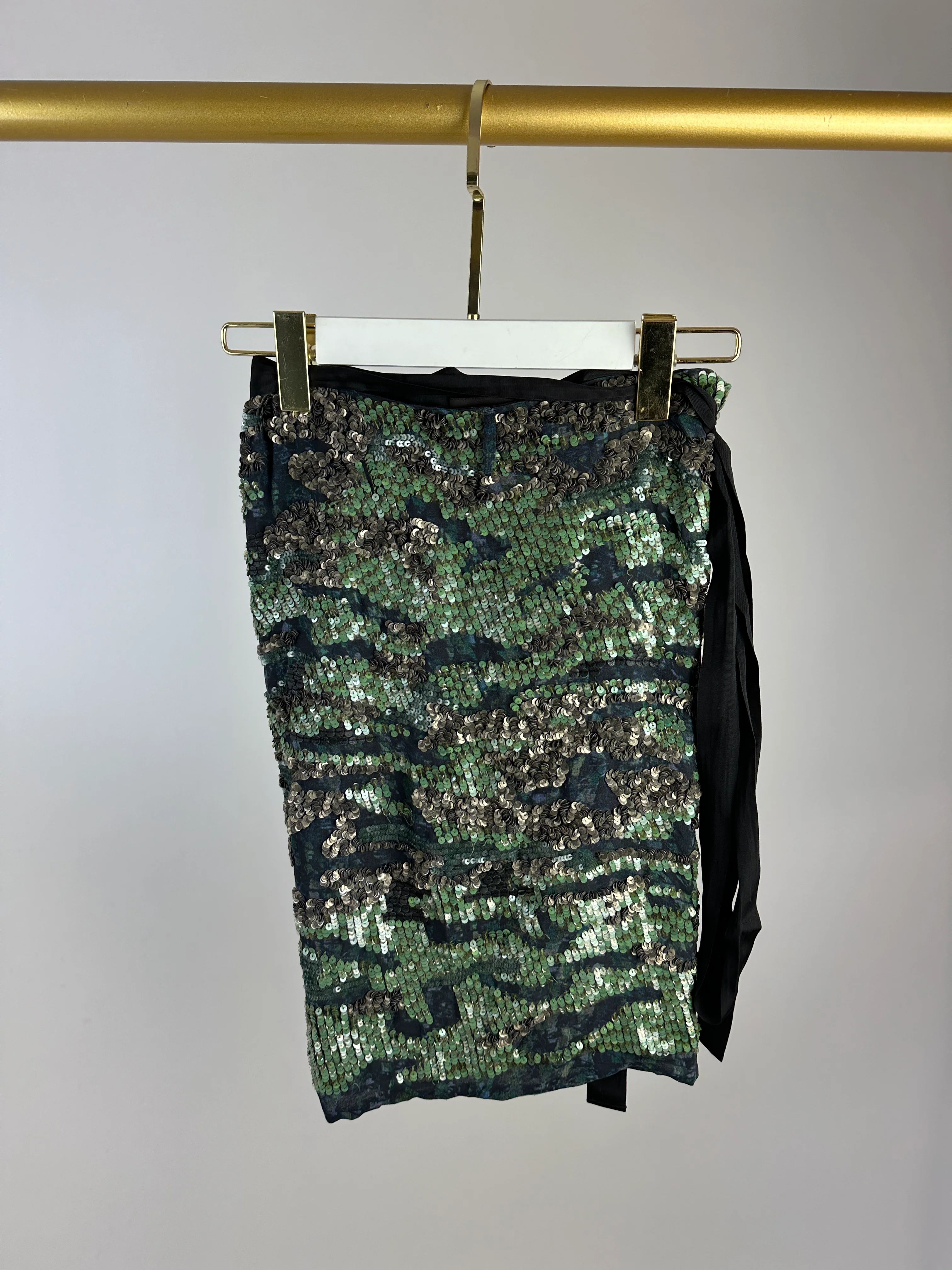 Isabel Marant Green and Silver Leopard Print Embellished Wrap Mini Skirt FR 36 (UK 8) - Image 3