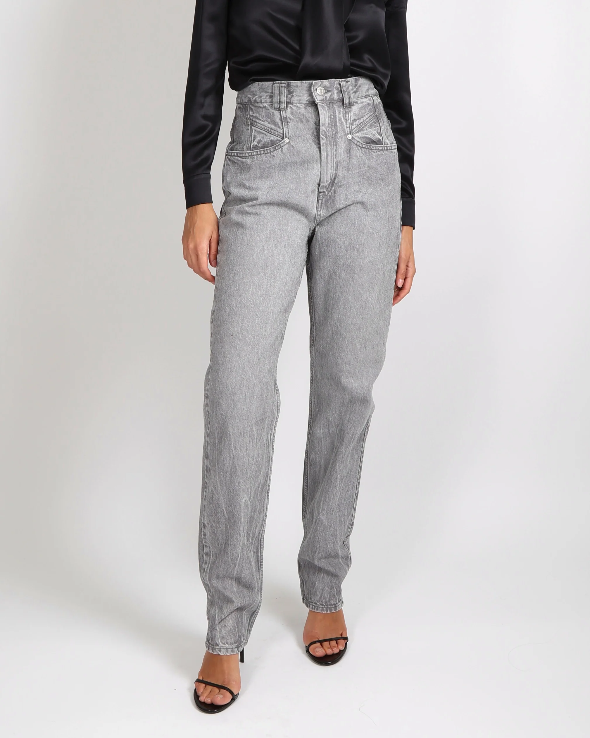 Isabel Marant Grey High-Waisted Straight-Leg Jeans with Silver Logo Button Detail Size FR 38 (UK 10) - Image 3