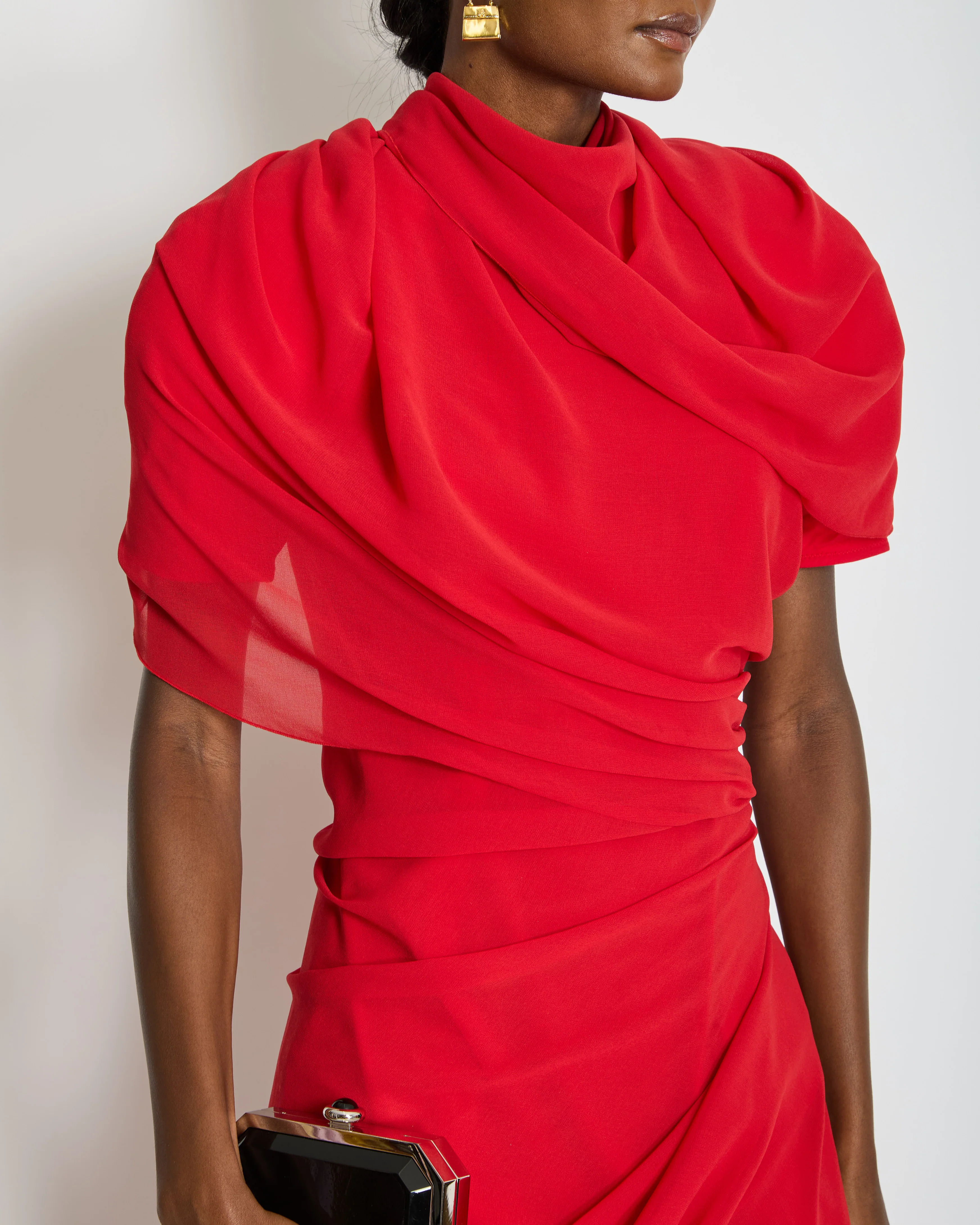 Jacquemus La Robe Castagna Red Chiffon Mini Dress with Draping and Padded Shoulder Detail FR 38 (UK 10) - Image 3