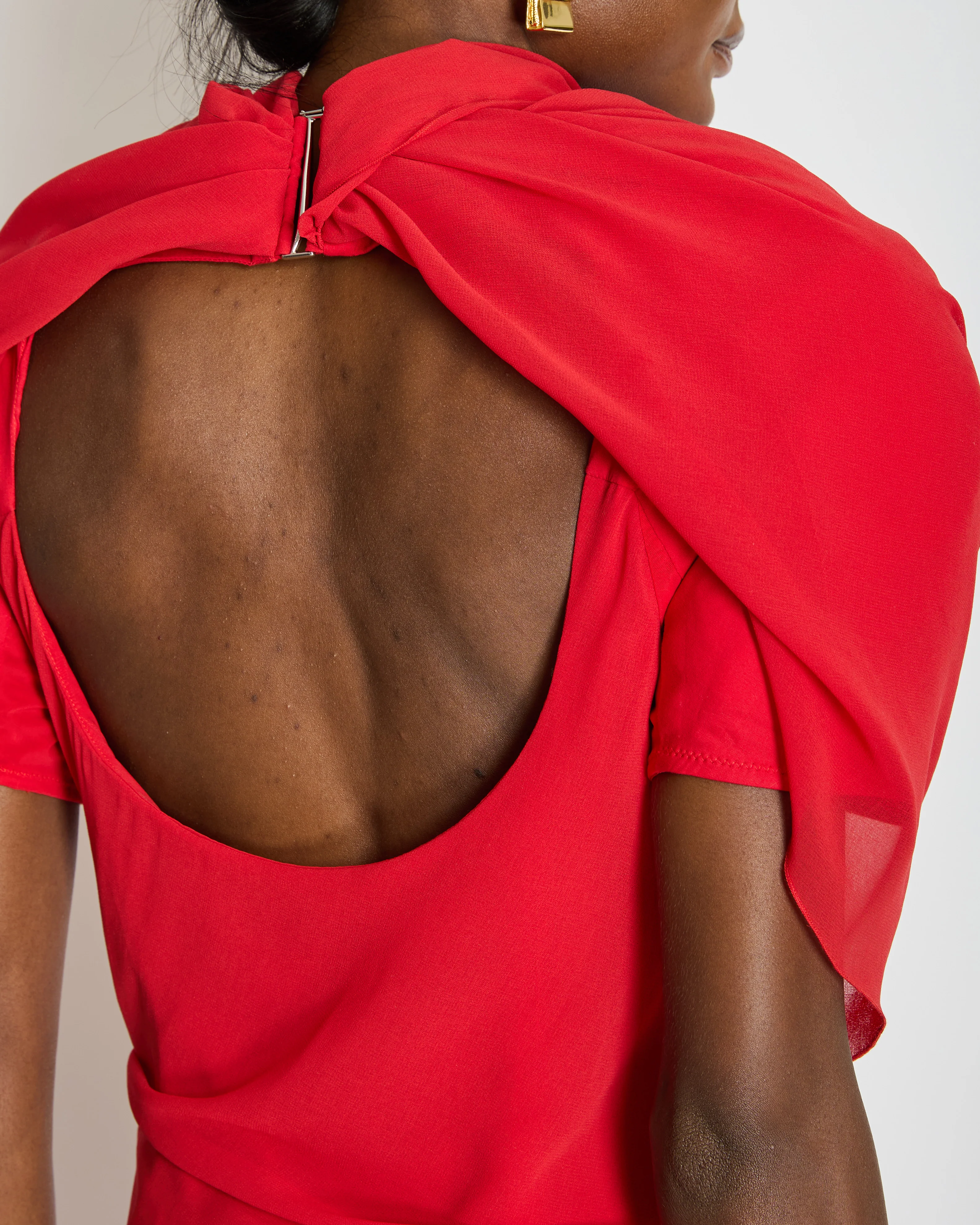 Jacquemus La Robe Castagna Red Chiffon Mini Dress with Draping and Padded Shoulder Detail FR 38 (UK 10) - Image 5