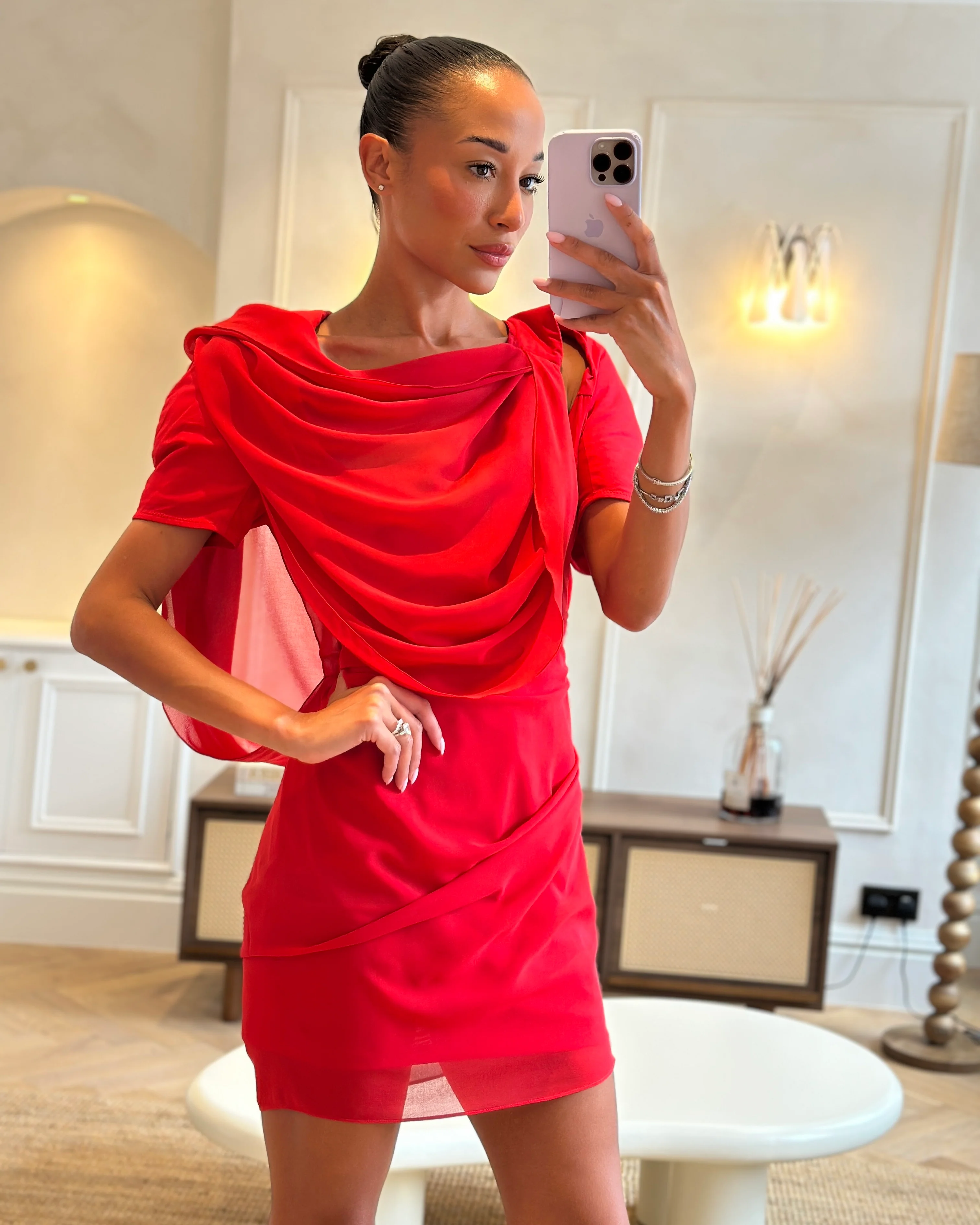 Jacquemus La Robe Castagna Red Chiffon Mini Dress with Draping and Padded Shoulder Detail FR 38 (UK 10) - Image 6