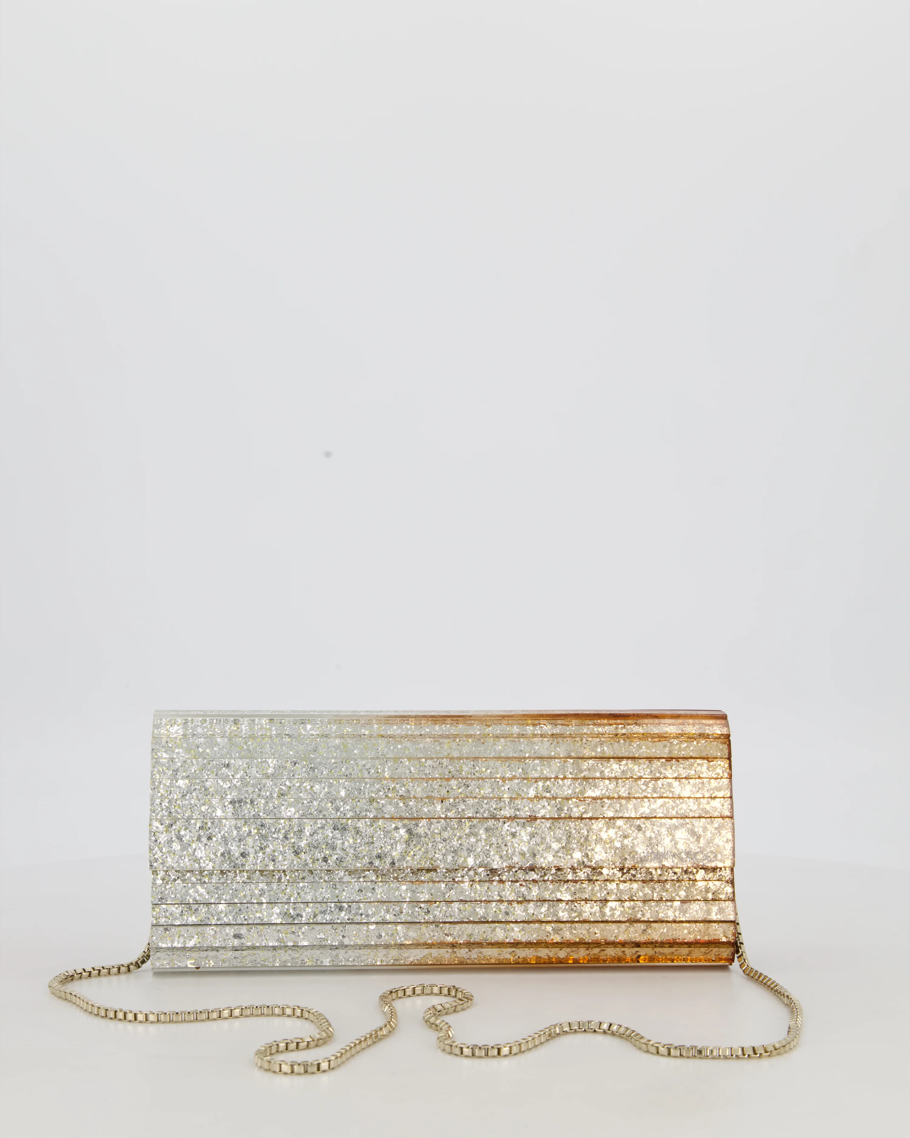 Jimmy Choo Gold Fine Glitter Acrylic Clutch Bag with Gold Chain RRP £650