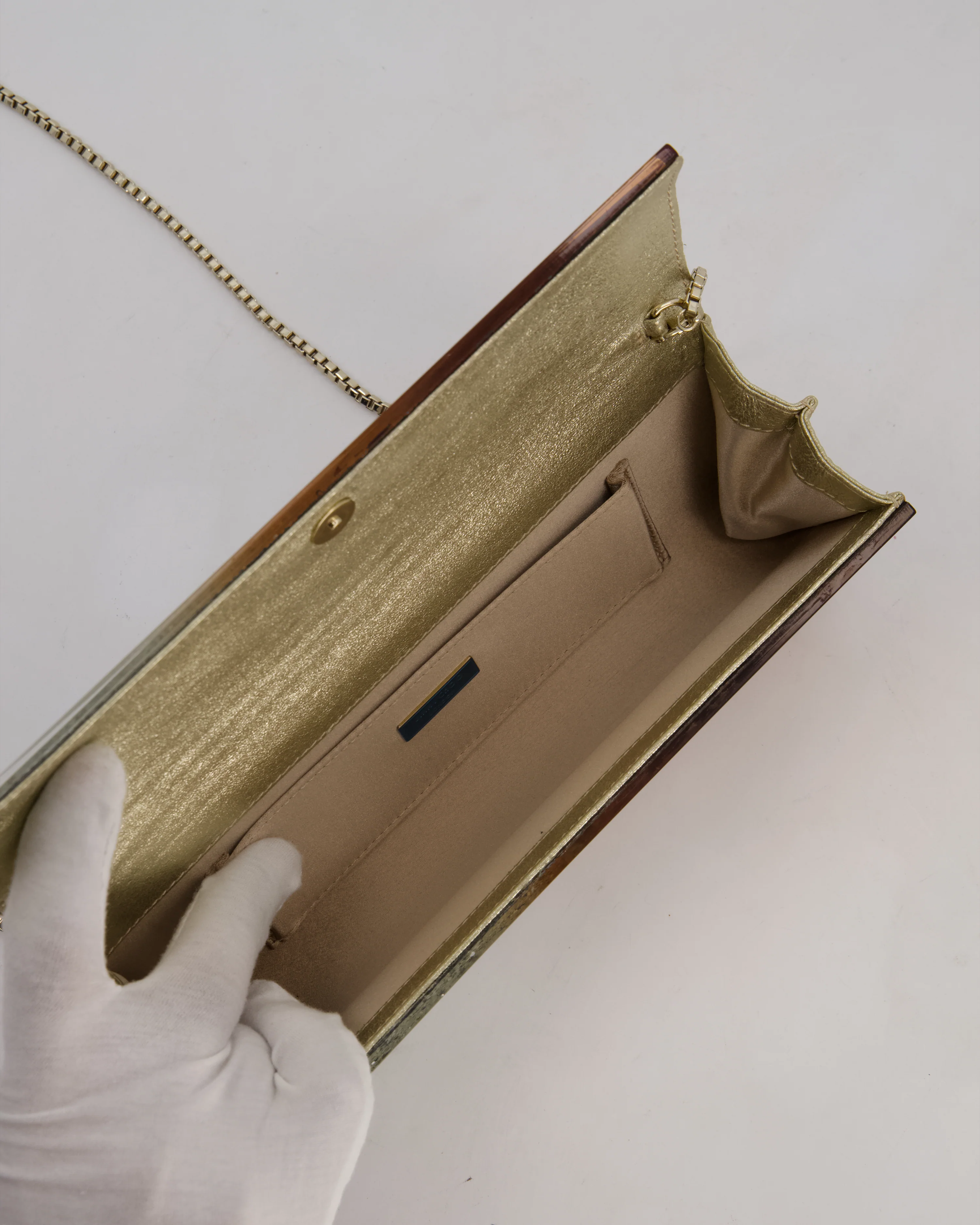 Jimmy Choo Gold Fine Glitter Acrylic Clutch Bag with Gold Chain RRP £650 - Image 17