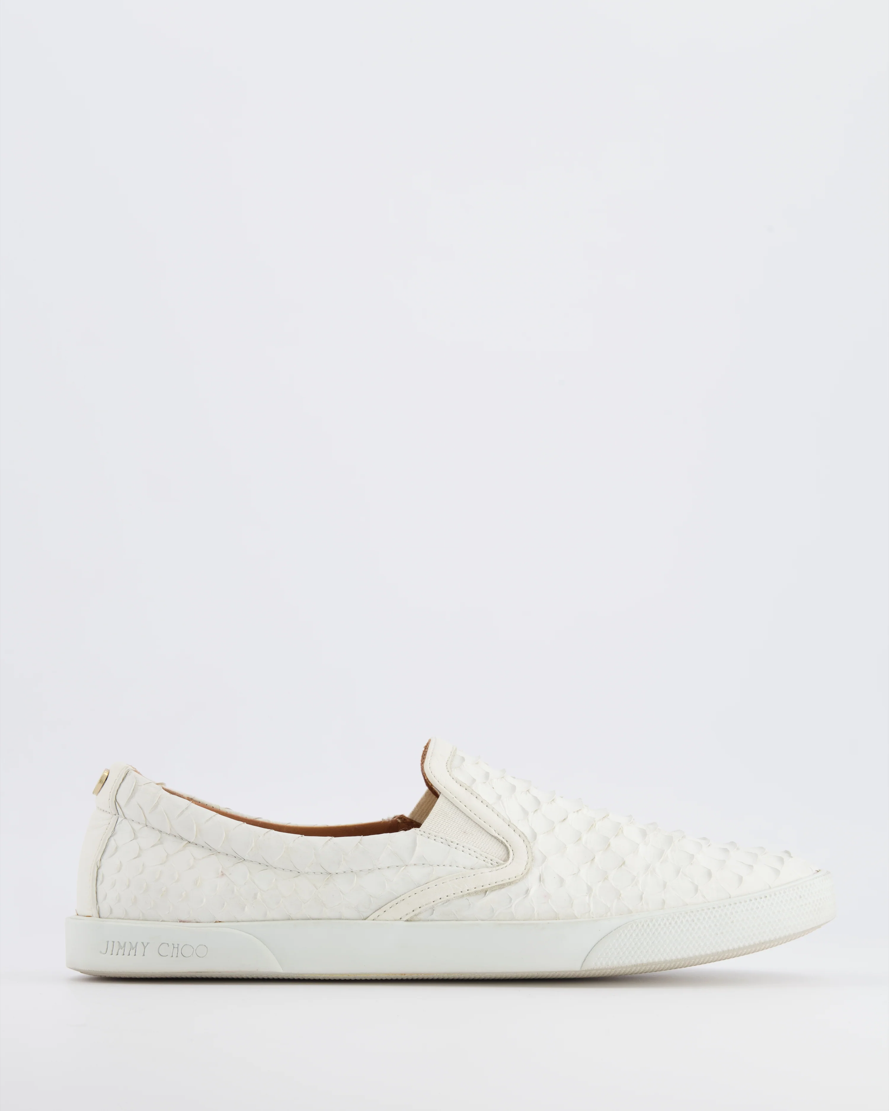 Jimmy Choo White Python Demi Slip-On Trainers with Gold Back Logo Detail Size EU 38.5