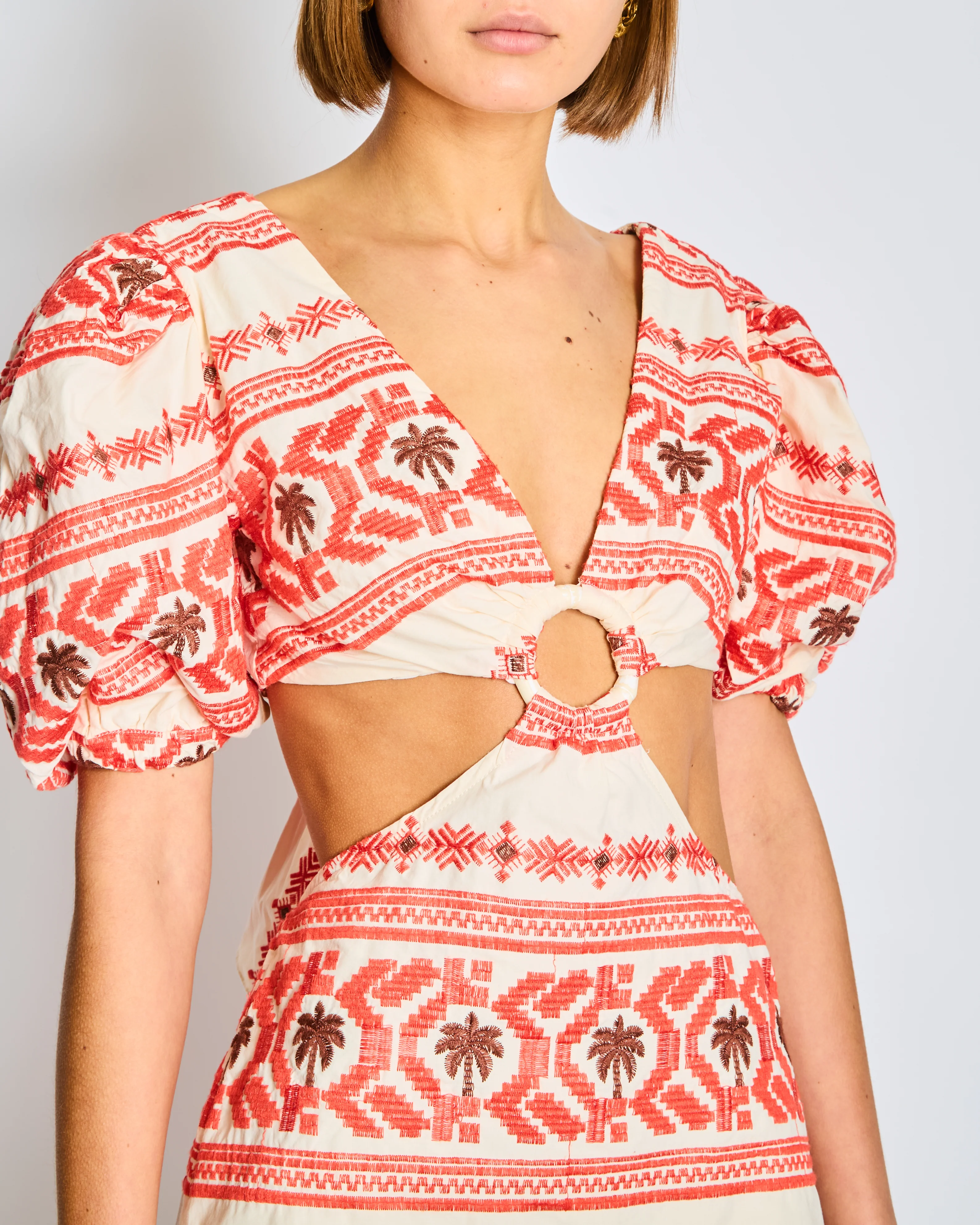Johanna Ortiz Red and White Valle Sagrado Mini Dress with Palm Tree Embroidery Size US 2 (UK 6) - Image 4