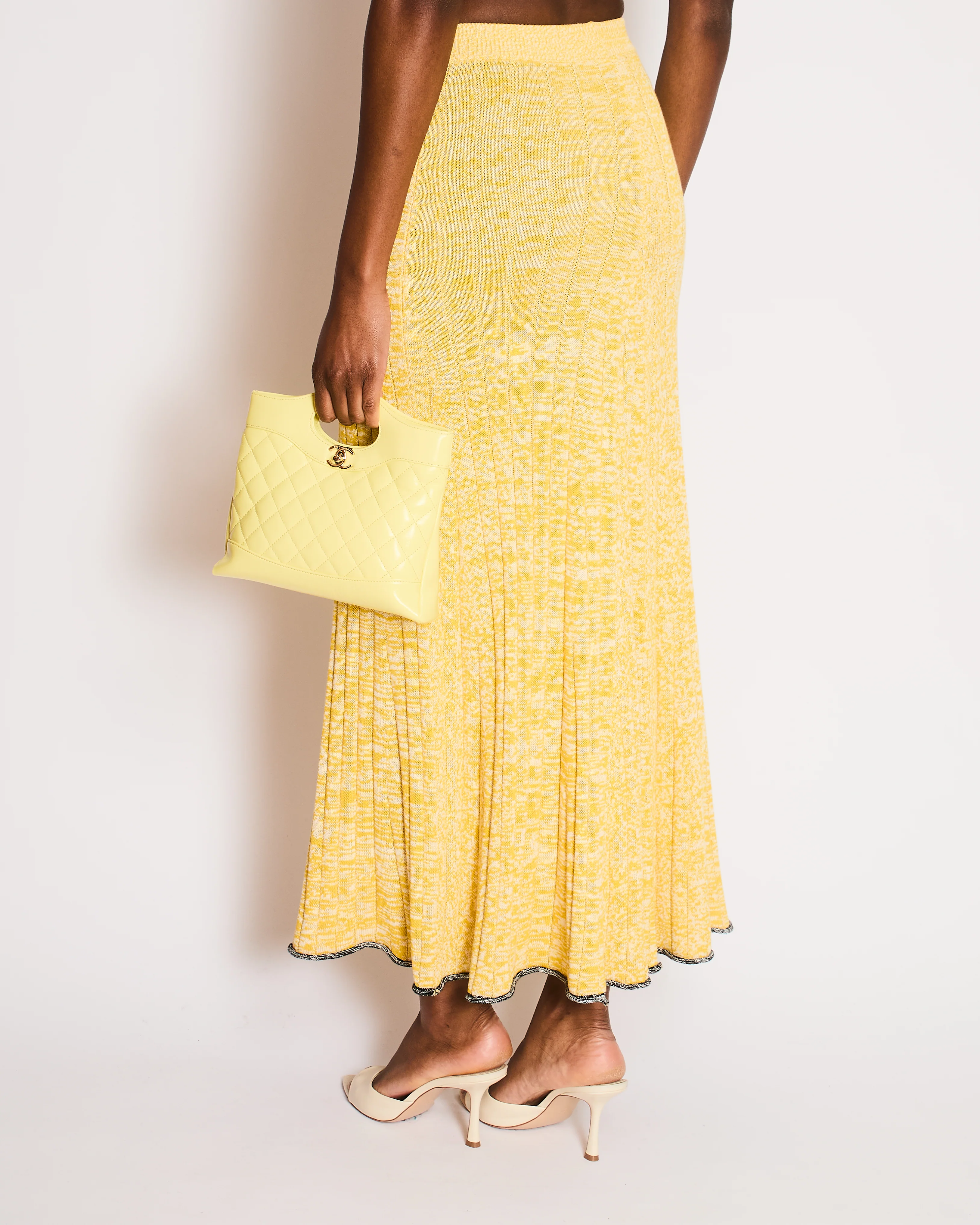 Joseph Yellow & White Knitted Maxi A-Line Skirt with Black Hem Detail Size XS (UK 6) - Image 4